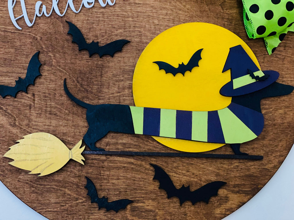 Happy Halloweenie - Halloween- Dachshund - Doxie Dog - Wooden Door Sign / Wreath
