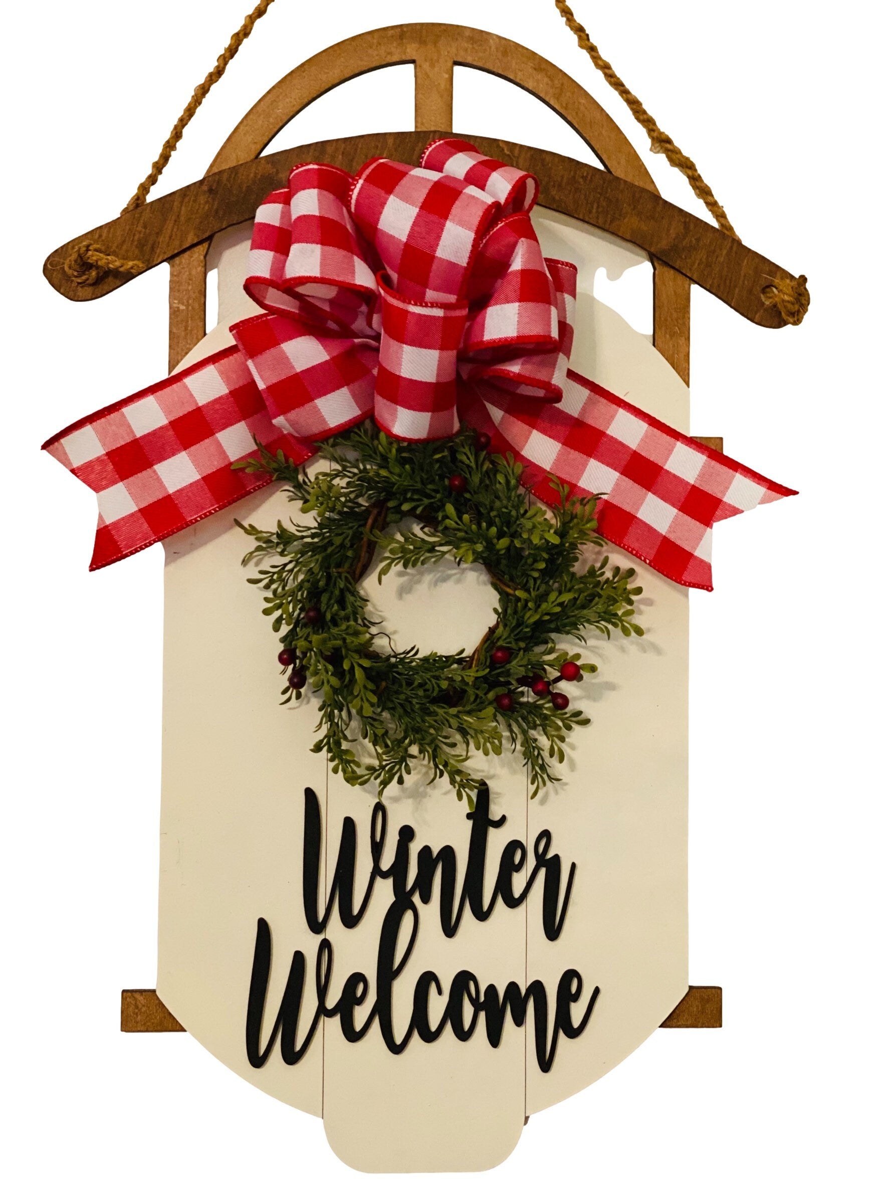 Winter Welcome - Wooden - Brown Off White - Red White Buffalo Plaid - Sled Door Hanger - Wreath
