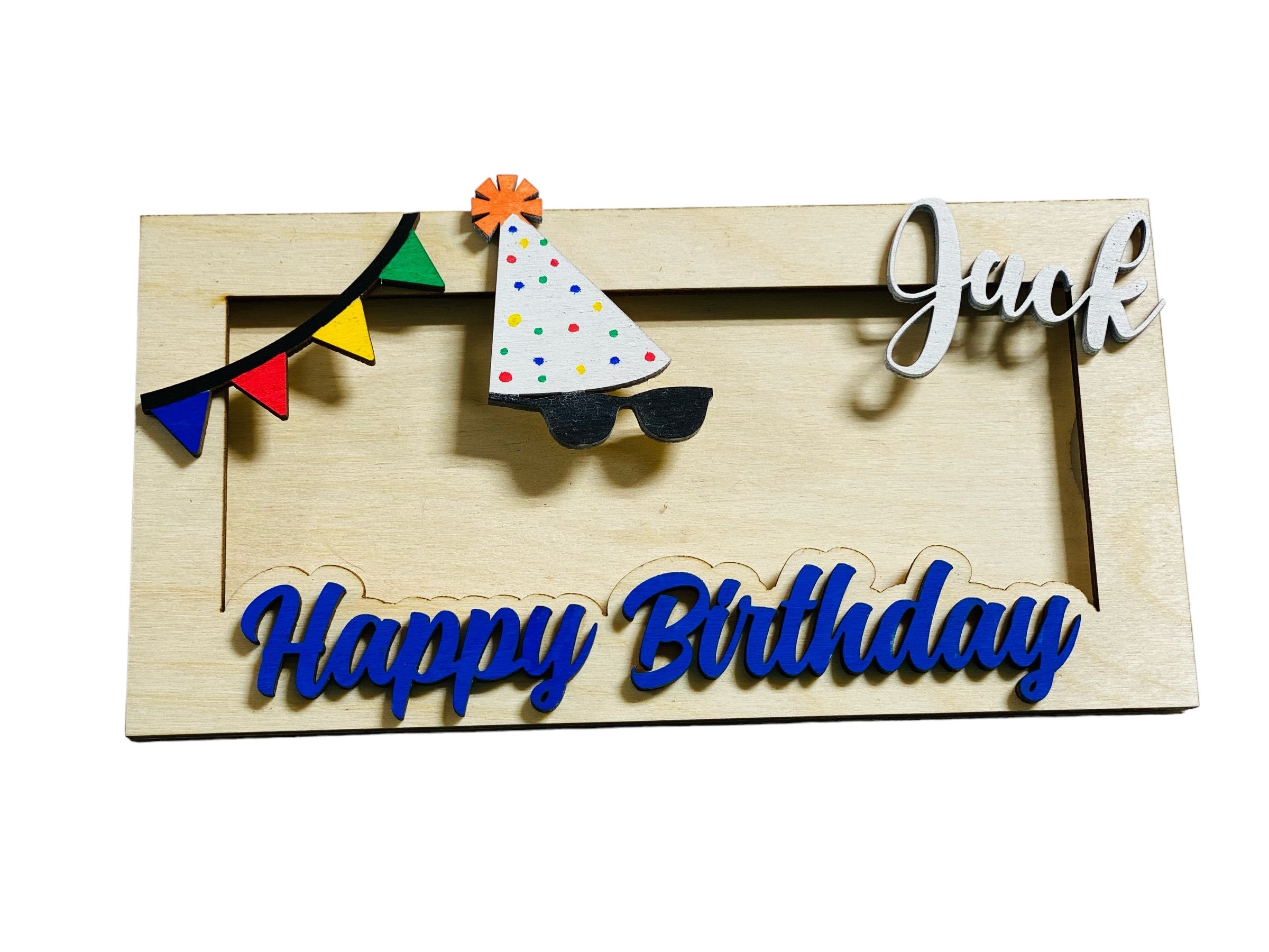 Personalized - Happy Birthday with Sunglasses  - Money  Holder - Wooden - Gift Present for Him Her