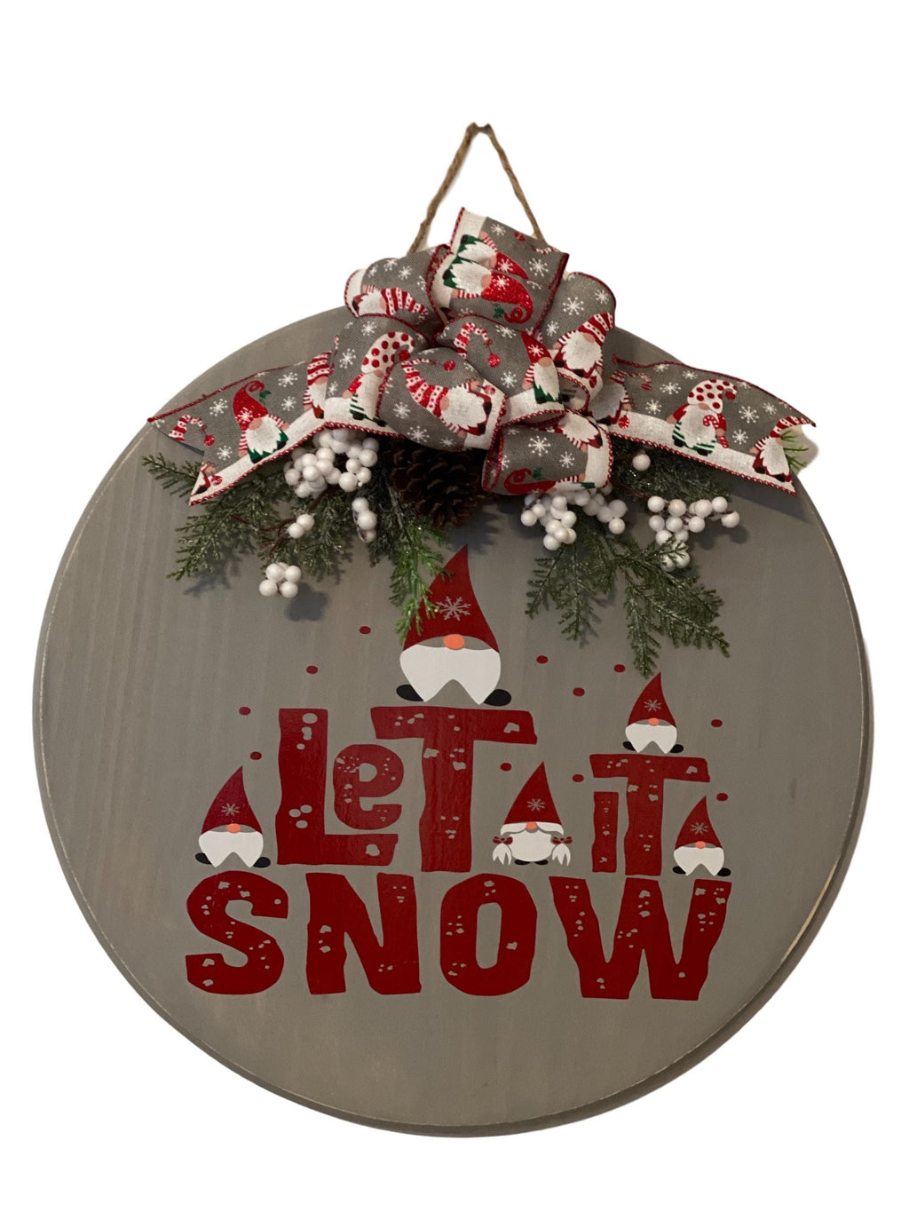 Let it Snow - Gnome Gnomies - 18" Round Wooden - Christmas Winter - Door Sign / Wreath