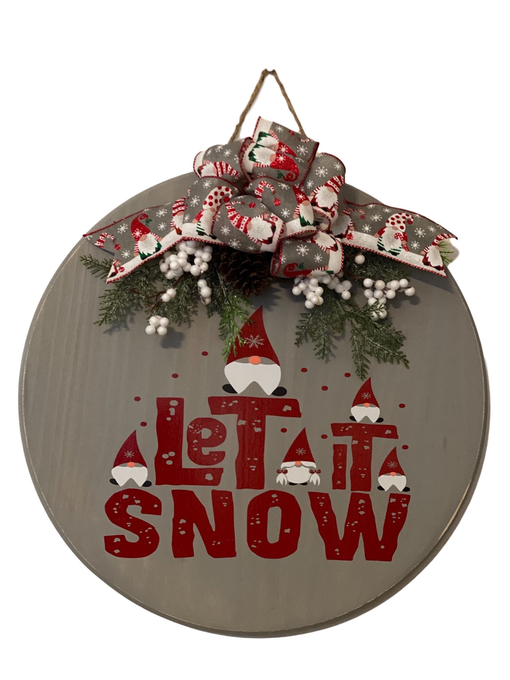 Let it Snow - Gnome Gnomies - 18" Round Wooden - Christmas Winter - Door Sign / Wreath