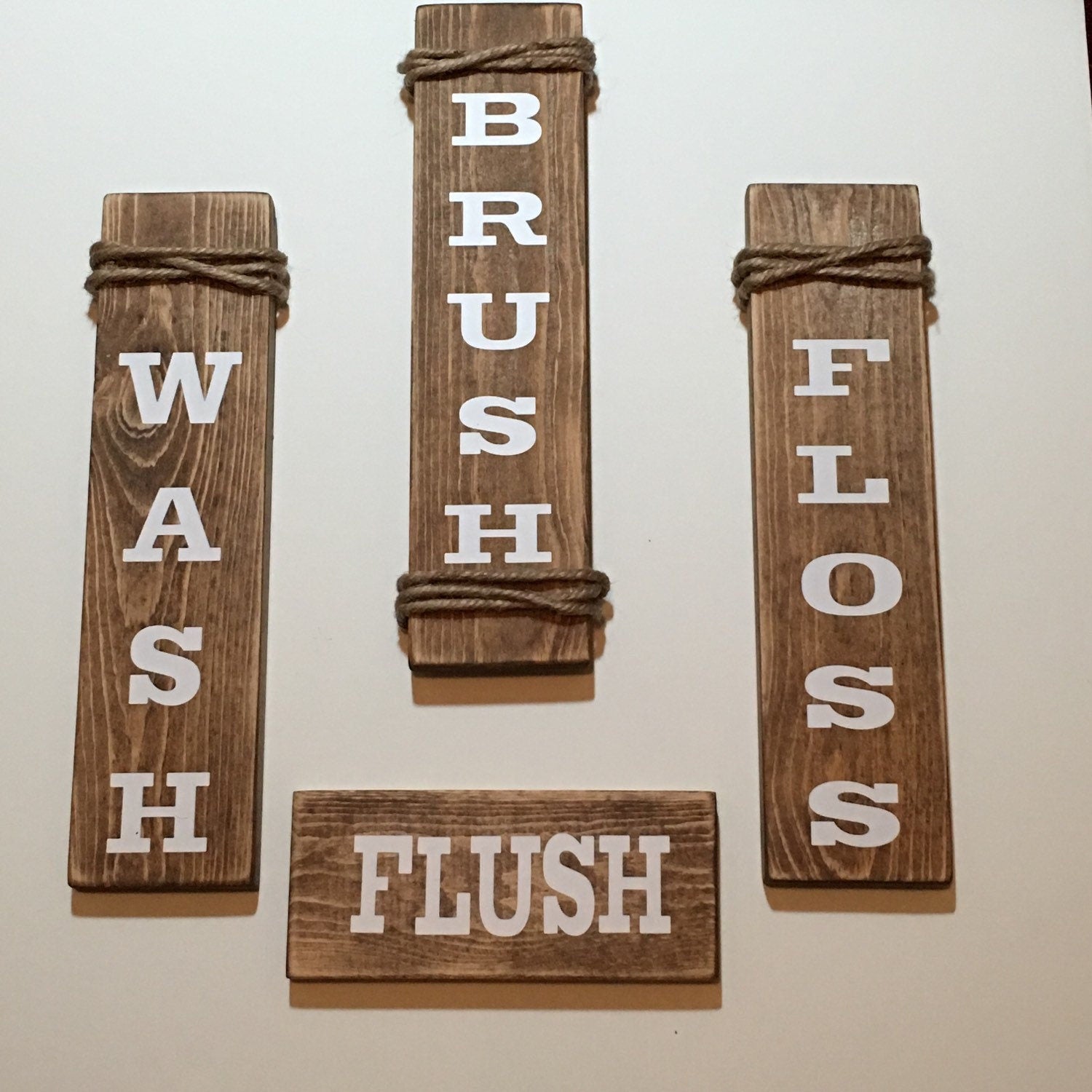 Rustic Set of 4 Wooden Bathroom / Spa Signs  "Wash Brush Floss Flush"