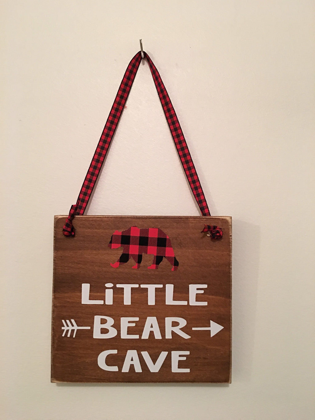 Brown | Rustic | Little Bear Cave | Buffalo Plaid | Wooden | Door Sign | Door Hanger| Little Boys Room | Nursery