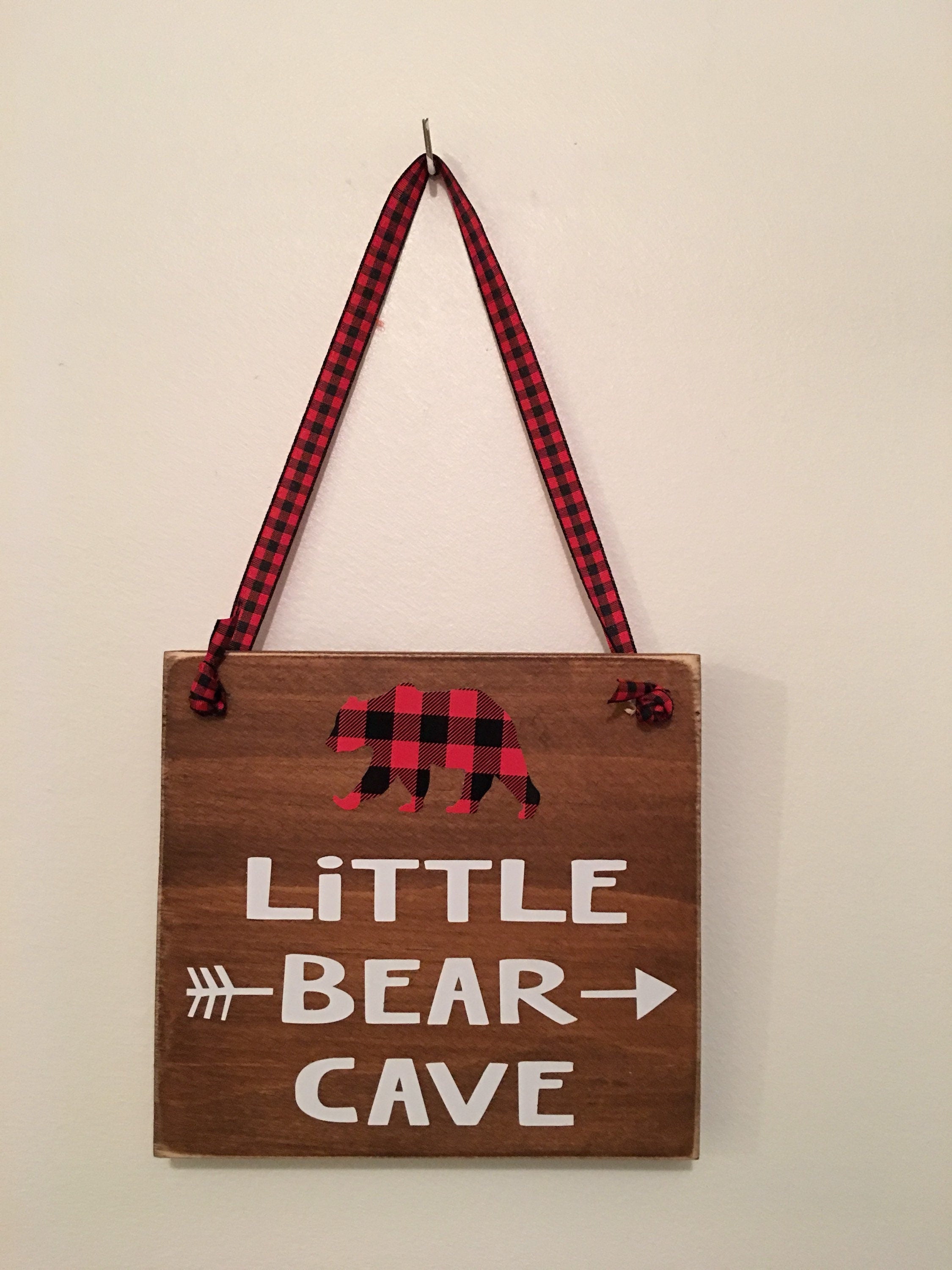 Brown | Rustic | Little Bear Cave | Buffalo Plaid | Wooden | Door Sign | Door Hanger| Little Boys Room | Nursery
