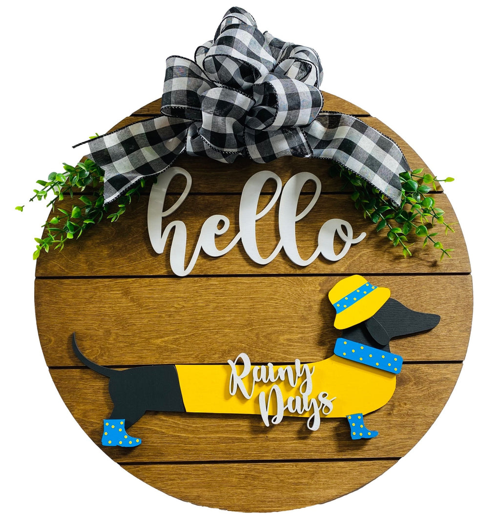 Add on Outfit for Dachshund Doxie - Rainy Days - Weiner Dog - Large Round Wooden Shiplap Door Hanger / Wreath / Sign
