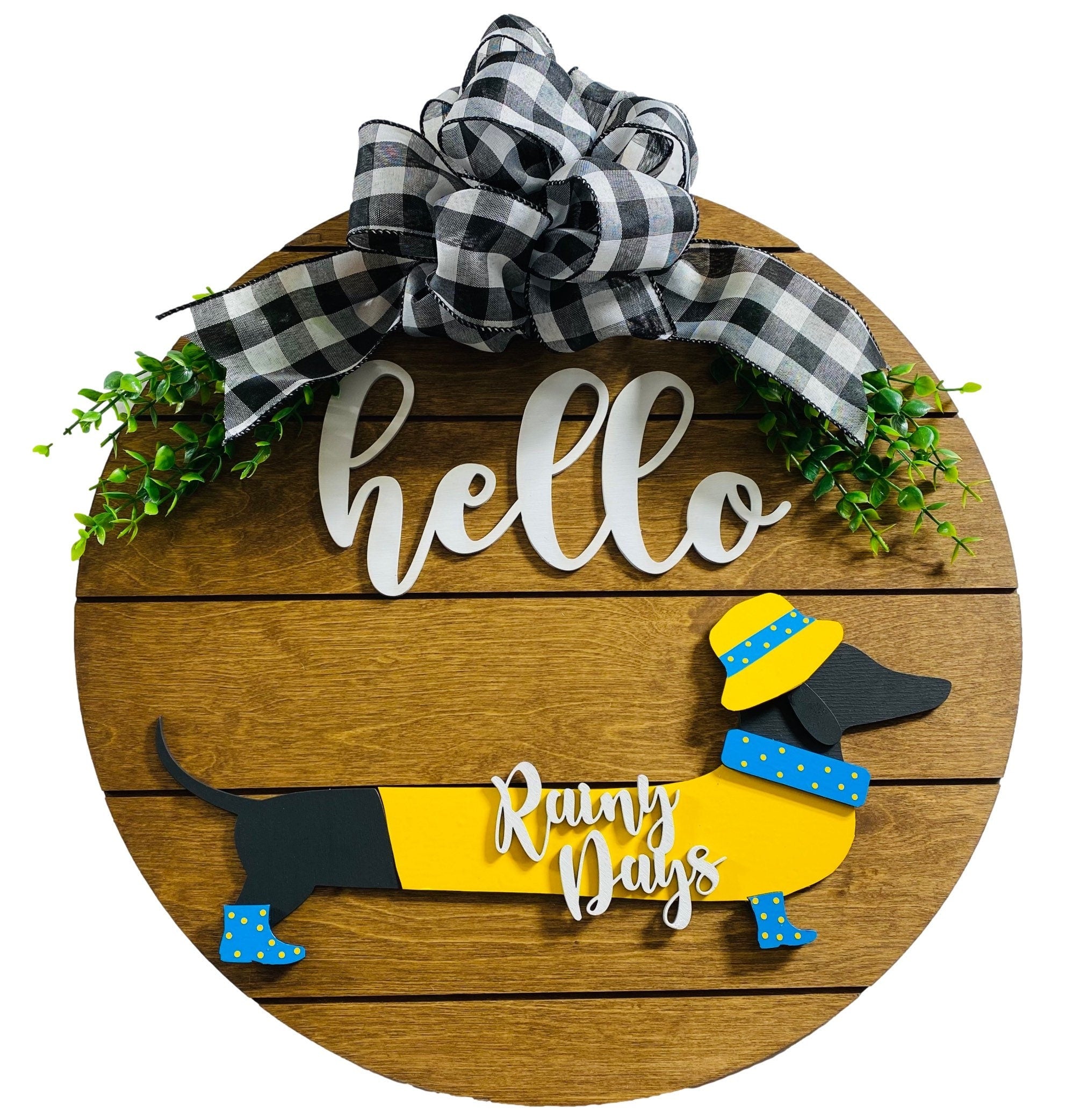 Add on Outfit for Dachshund Doxie - Rainy Days - Weiner Dog - Large Round Wooden Shiplap Door Hanger / Wreath / Sign
