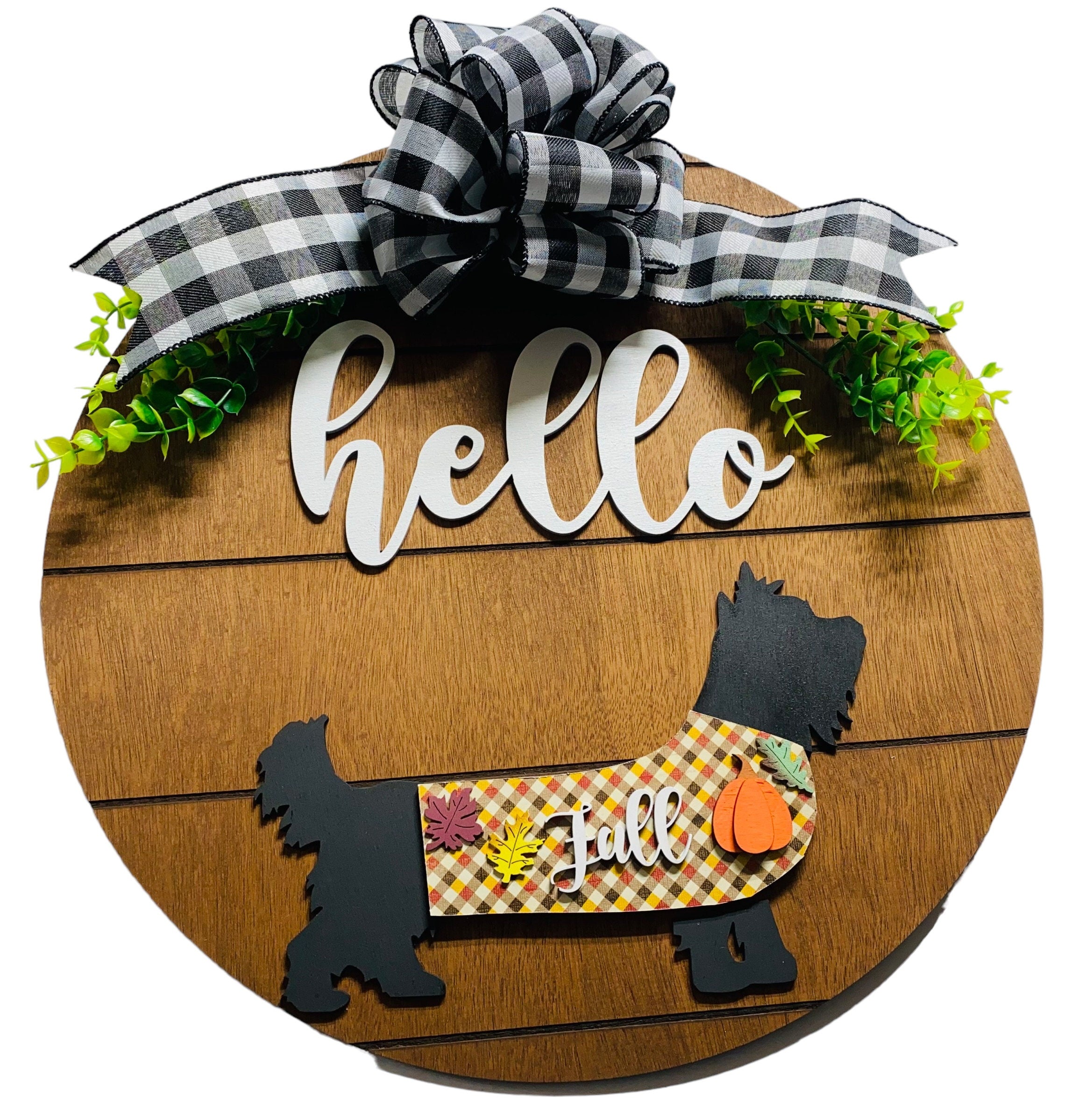 Add on Outfit for  Yorkie Frenchie Pug - Fall - Dog - Large Round Wooden Shiplap Door Hanger / Wreath / Sign