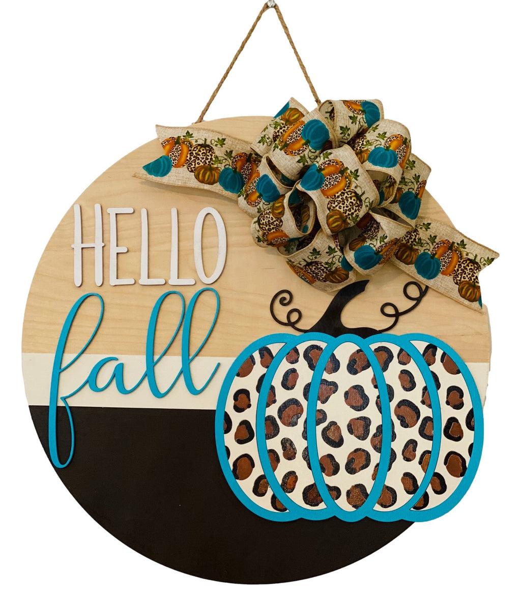 Hello Fall - Leopard Cheetah Pumpkin - 18" Wooden - Fall Door Sign / Wreath