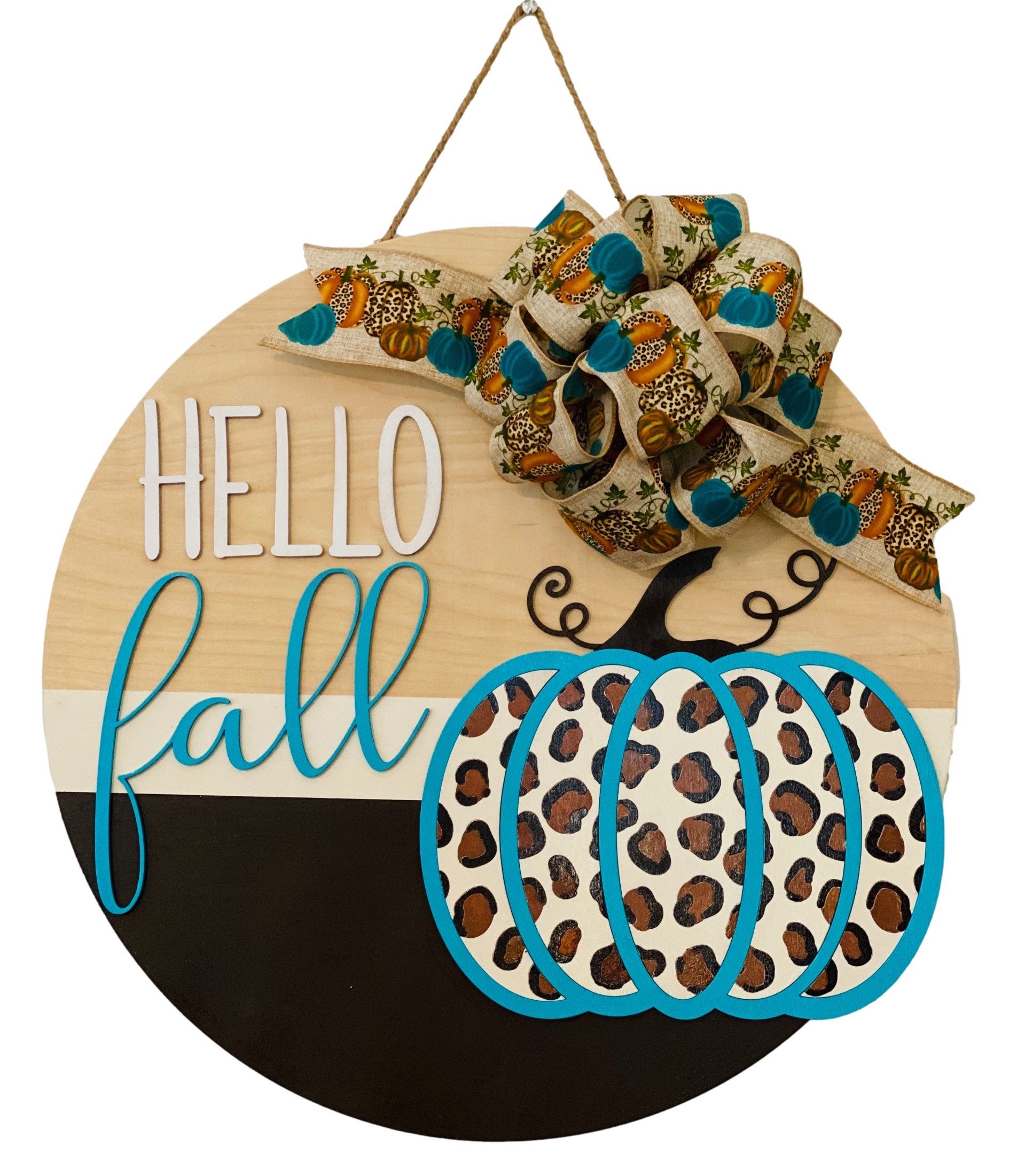 Hello Fall - Leopard Cheetah Pumpkin - 18" Wooden - Fall Door Sign / Wreath