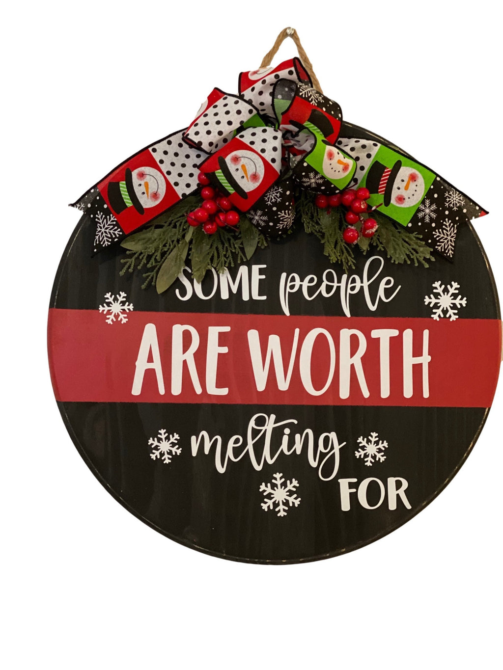 18" Round Wooden Snowman / Split Black Red / Winter Door Sign / Wreath