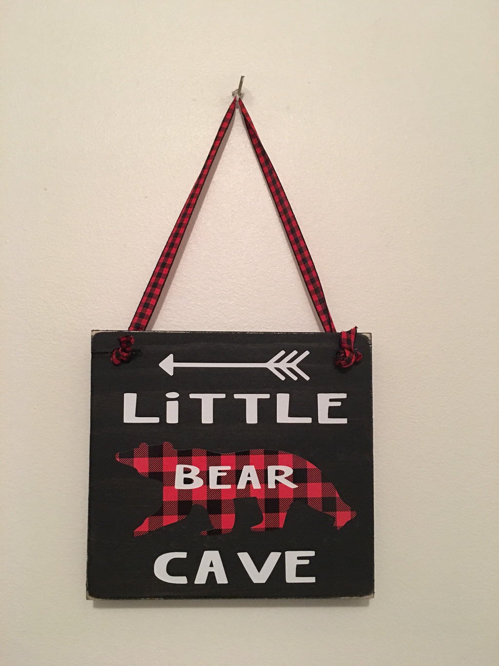 Black | Rustic | Little Bear Cave | Buffalo Plaid | Wooden | Door Sign | Door Hanger| Little Boys Room | Nursery