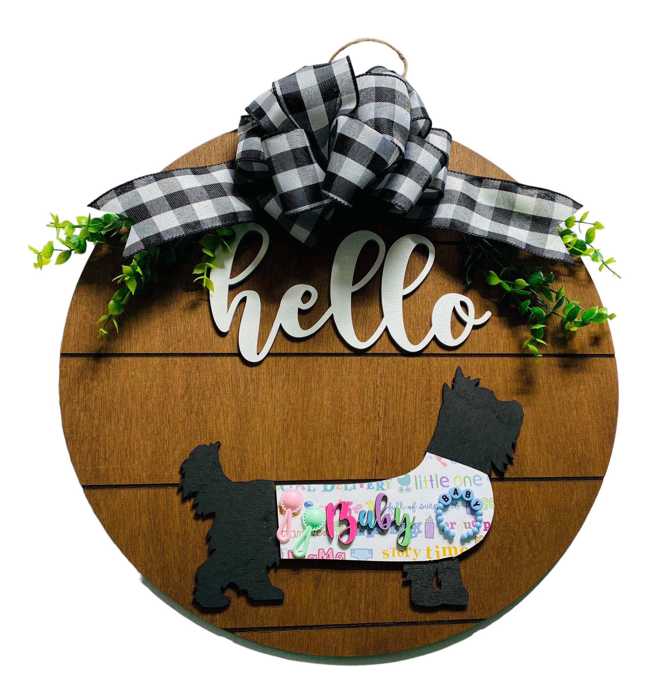 Add on Outfit for  Yorkie Frenchie Pug - New Baby - Dog - Large Round Wooden Shiplap Door Hanger / Wreath / Sign