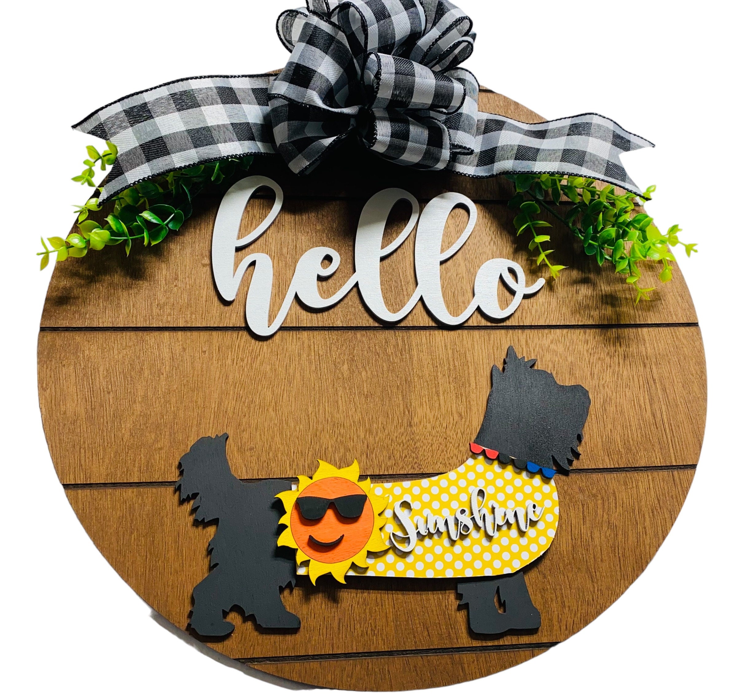 Add on Outfit for  Yorkie Frenchie Pug - Hello Sunshine - Dog - Large Round Wooden Shiplap Door Hanger / Wreath / Sign