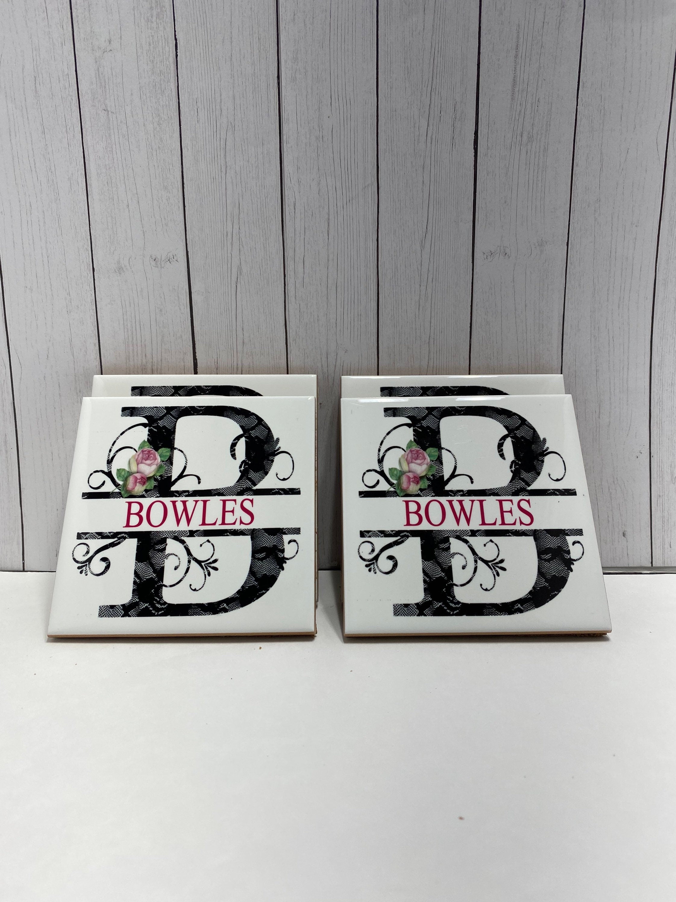 Lace Floral - Split Monogram - Set of 4 - Tile Coasters - Gift Present for Wedding