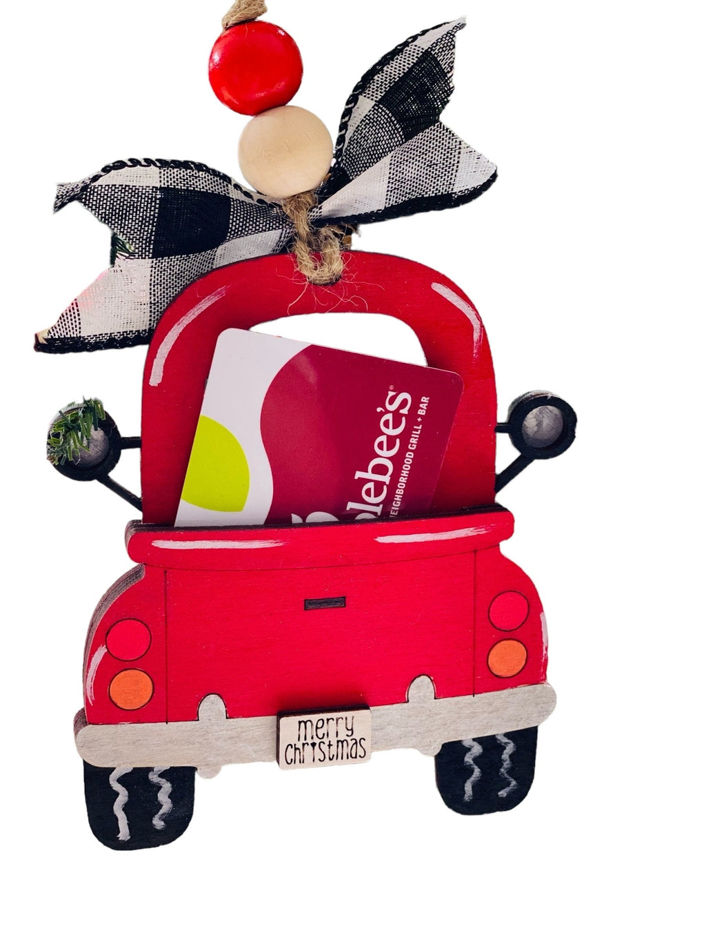 Vintage Red Truck  -  Christmas Money or Gift Card Holder - Wooden Ornament