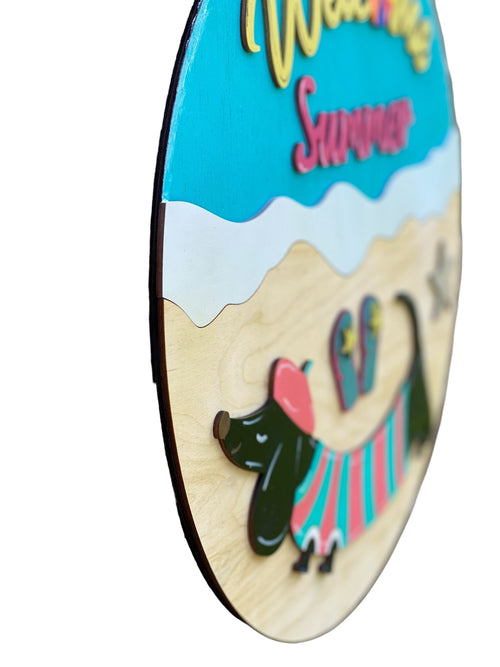 18" Round | Wooden | Welcome Summer | Dachshund Beach | Doxie | Porch Door Sign / Wreath