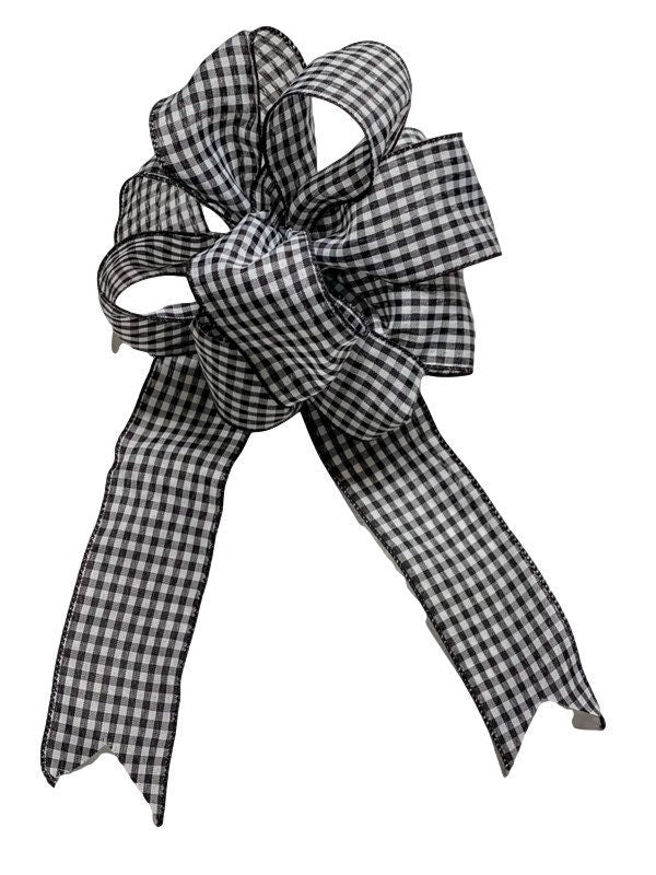 White / Black Small Checked Plaid - Add On Bow for Wreaths or Signs - Puffy Fluffy Bow for Gift or Present