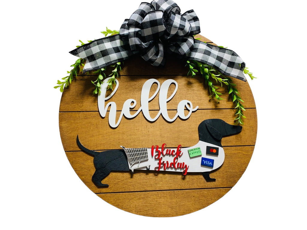 Add on Outfit for Dachshund Doxie - Get Your Fat Pants On - Thanksgiving - Weiner Dog - Large Round Wooden Shiplap Door Hanger/Wreath/Sign