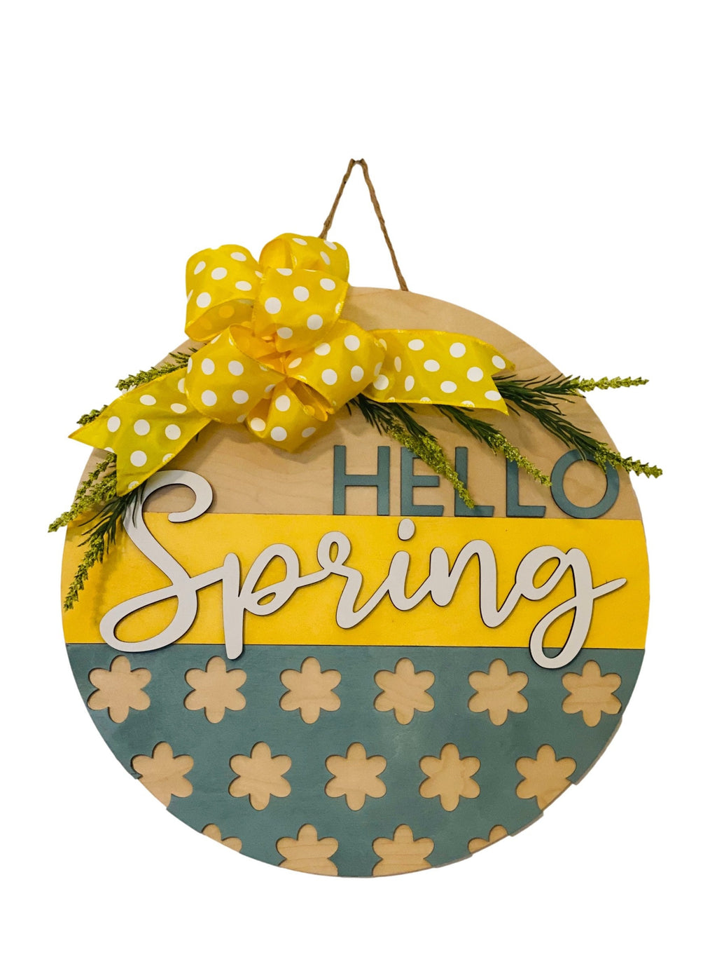 Hello Spring - Raised Lettering- Yellow / Sage Green - Easter - Large - Door Sign / Wreath