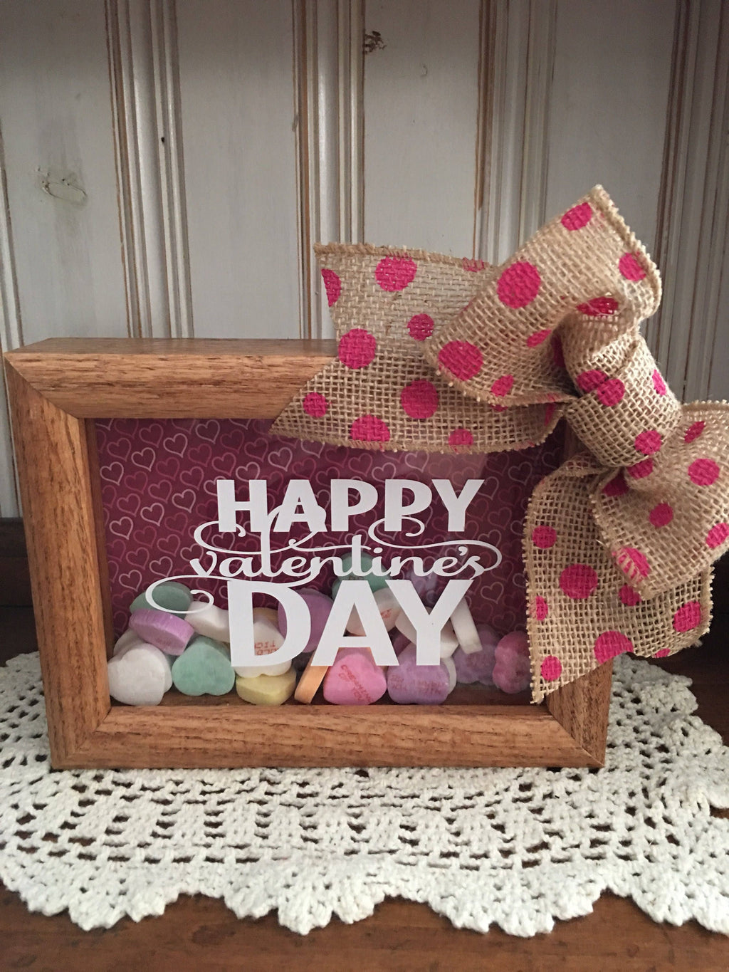 Happy Valentines Day 5 x 7 Wooden Shadow Box With Conversation Hearts