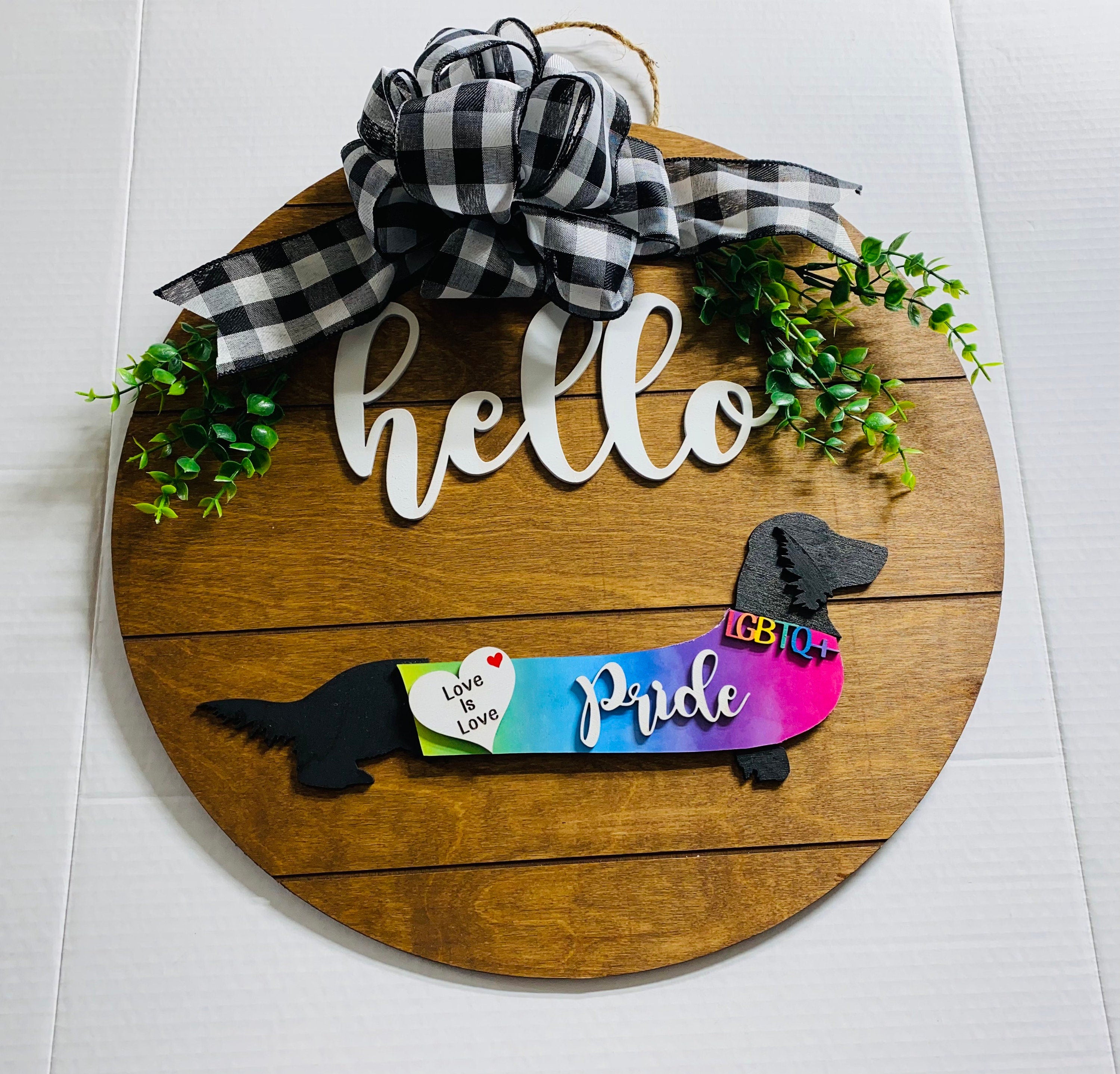 Add on Outfit for Dachshund Doxie - Pride - LBGTQ - Weiner Dog - Large Round Wooden Shiplap Door Hanger / Wreath / Sign