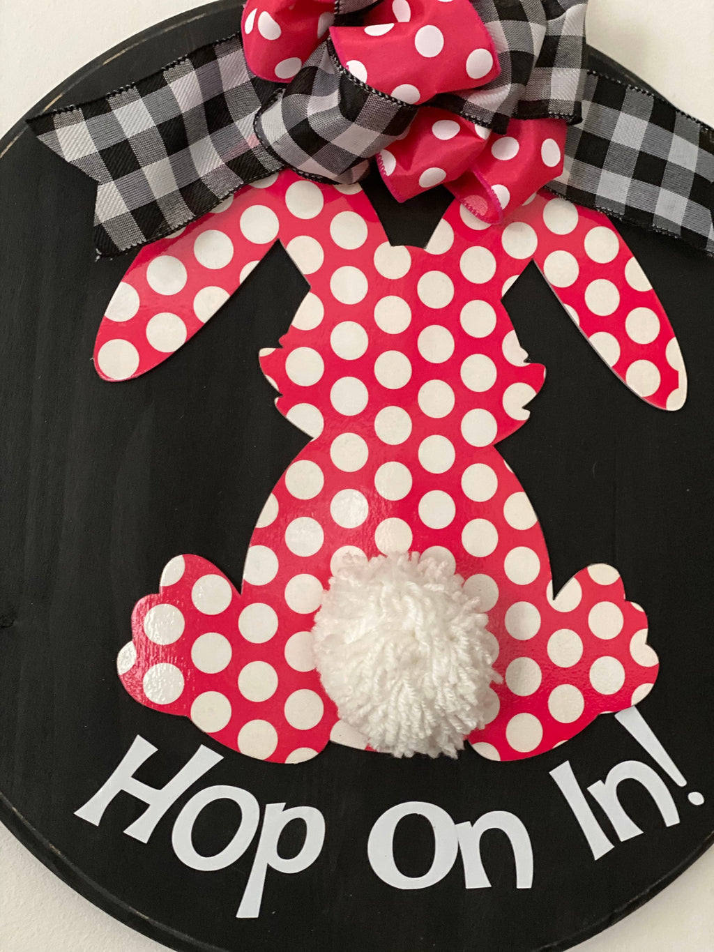 Hop On In - Polka Dot Easter Bunny - Wooden Door Sign / Wreath