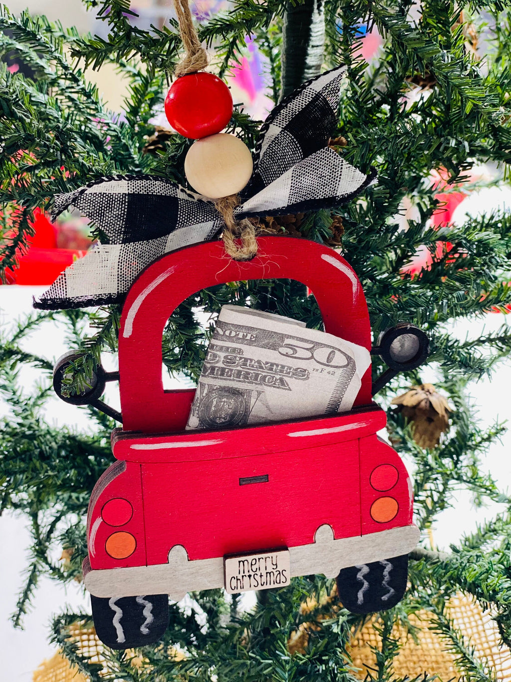 Vintage Red Truck  -  Christmas Money or Gift Card Holder - Wooden Ornament
