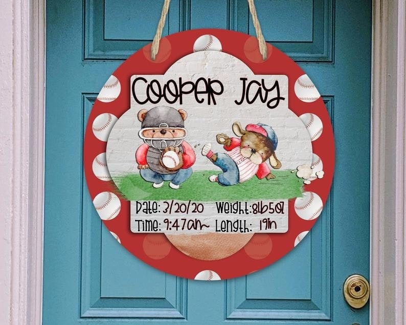 Baseball Nursery - Hospital Room - Personalized - Sports Teddy Bear Dog - Baby Shower Gift - Door Sign / Wreath