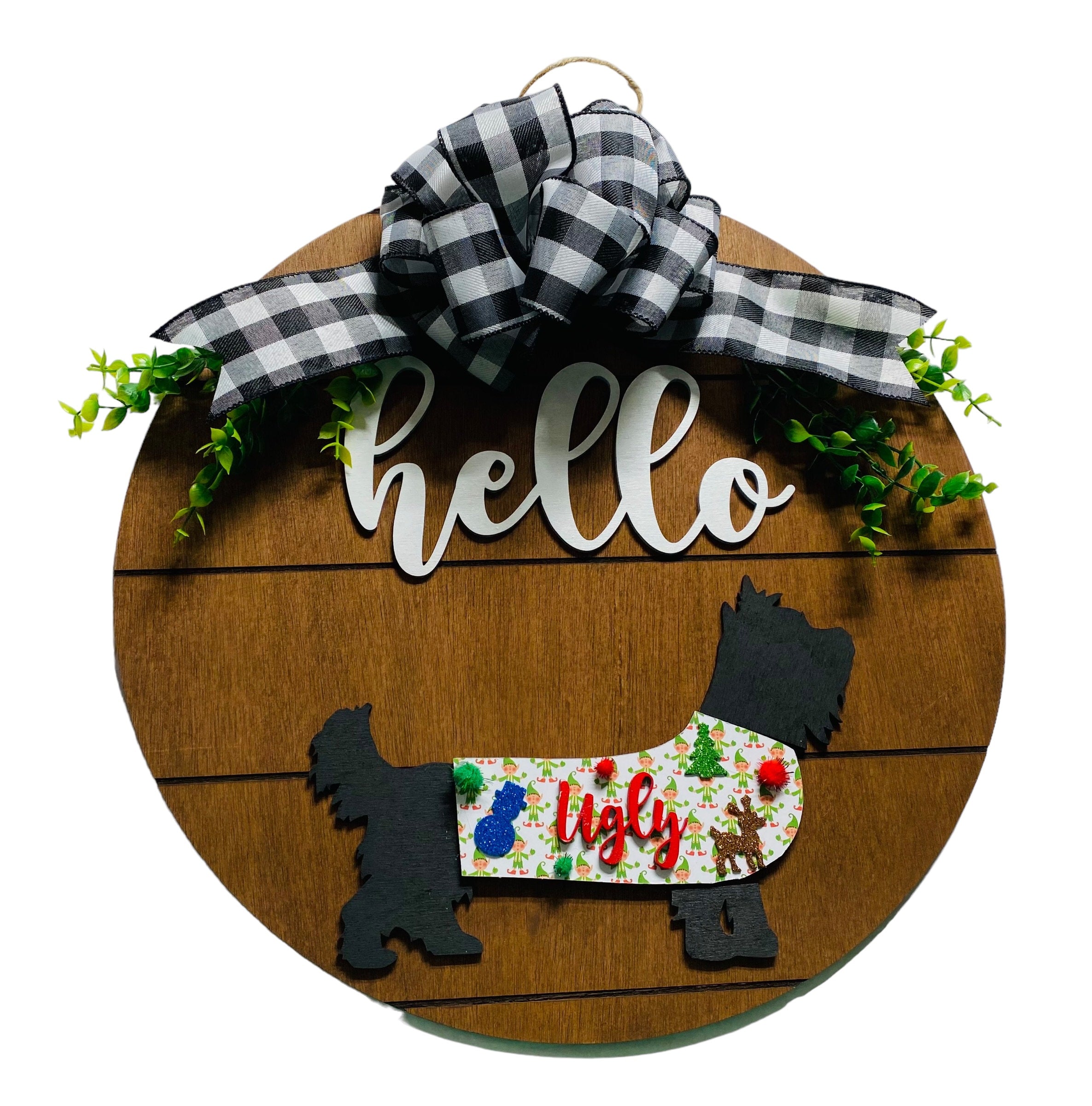 Add on Outfit for  Yorkie Frenchie Pug - Ugly Sweater - Dog - Large Round Wooden Shiplap Door Hanger / Wreath / Sign