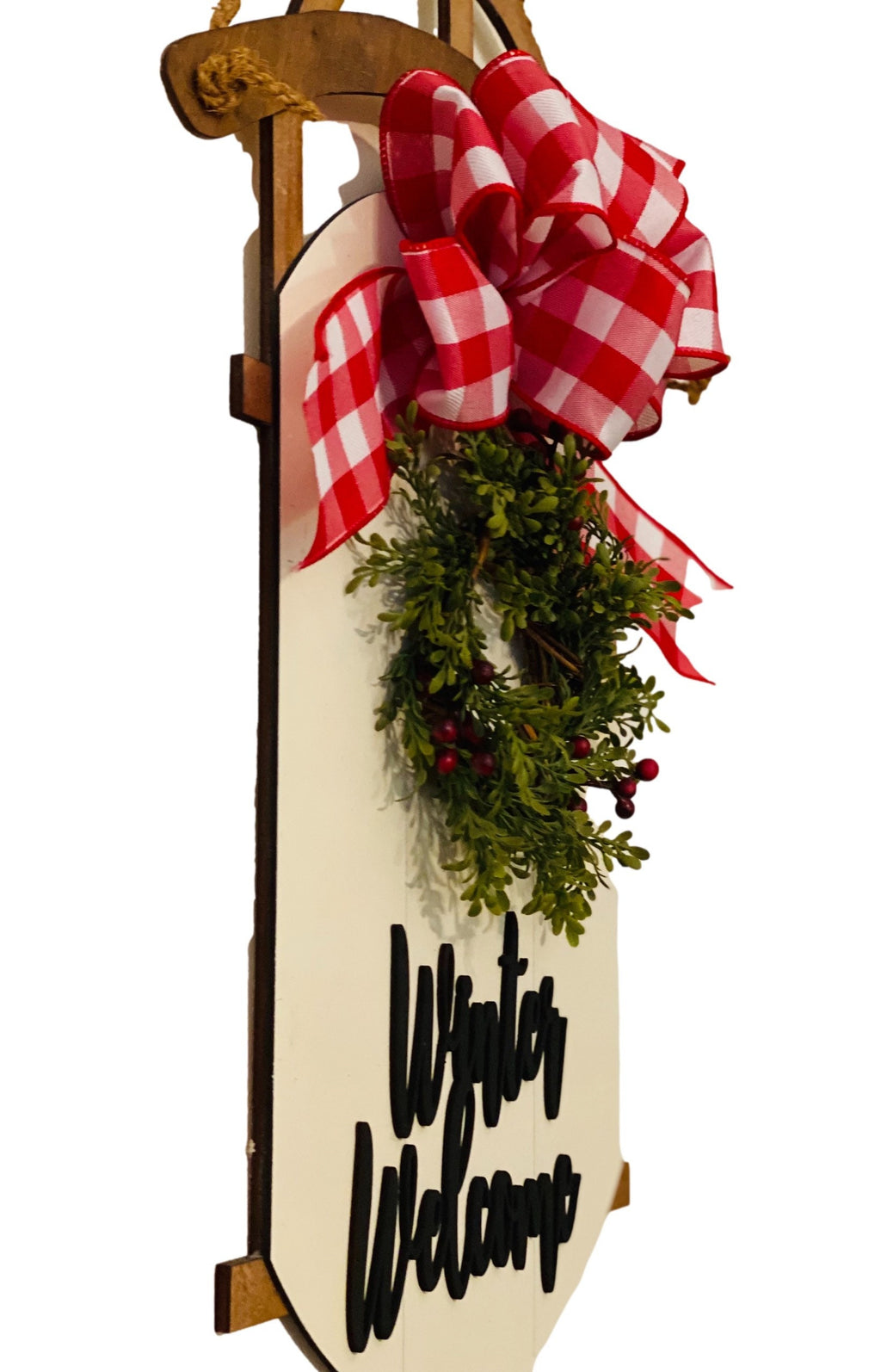 Winter Welcome - Wooden - Brown Off White - Red White Buffalo Plaid - Sled Door Hanger - Wreath