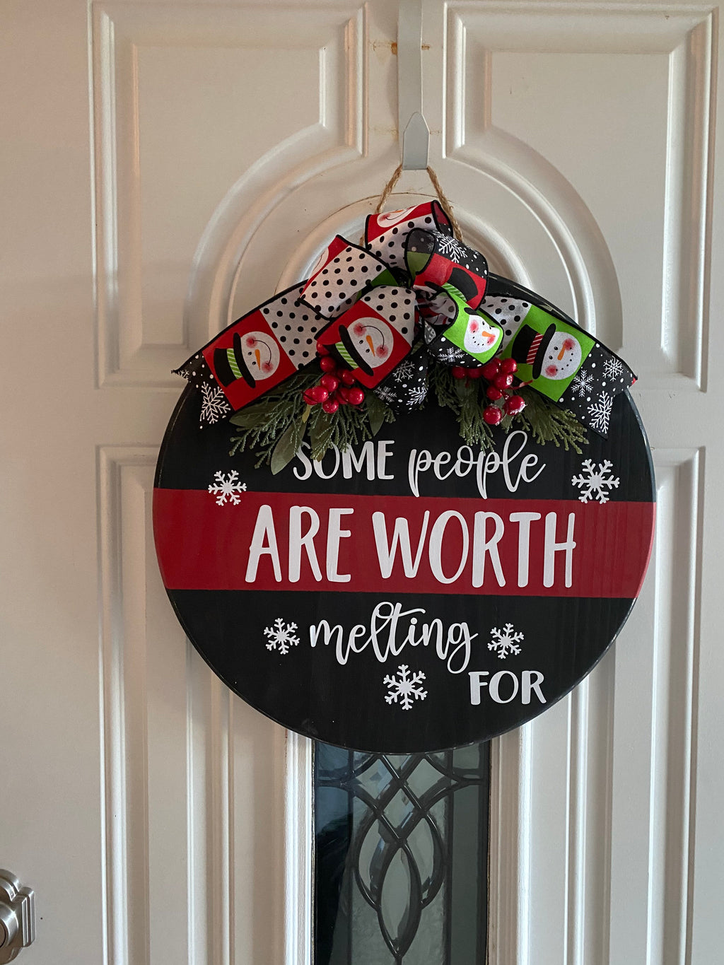 18" Round Wooden Snowman / Split Black Red / Winter Door Sign / Wreath