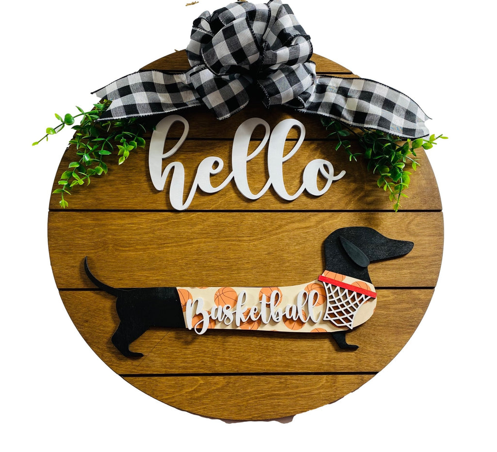 Add on Outfit for Dachshund Doxie - Basketball / March Madness - Weiner Dog - Large Round Wooden Shiplap Door Hanger / Wreath / Sign
