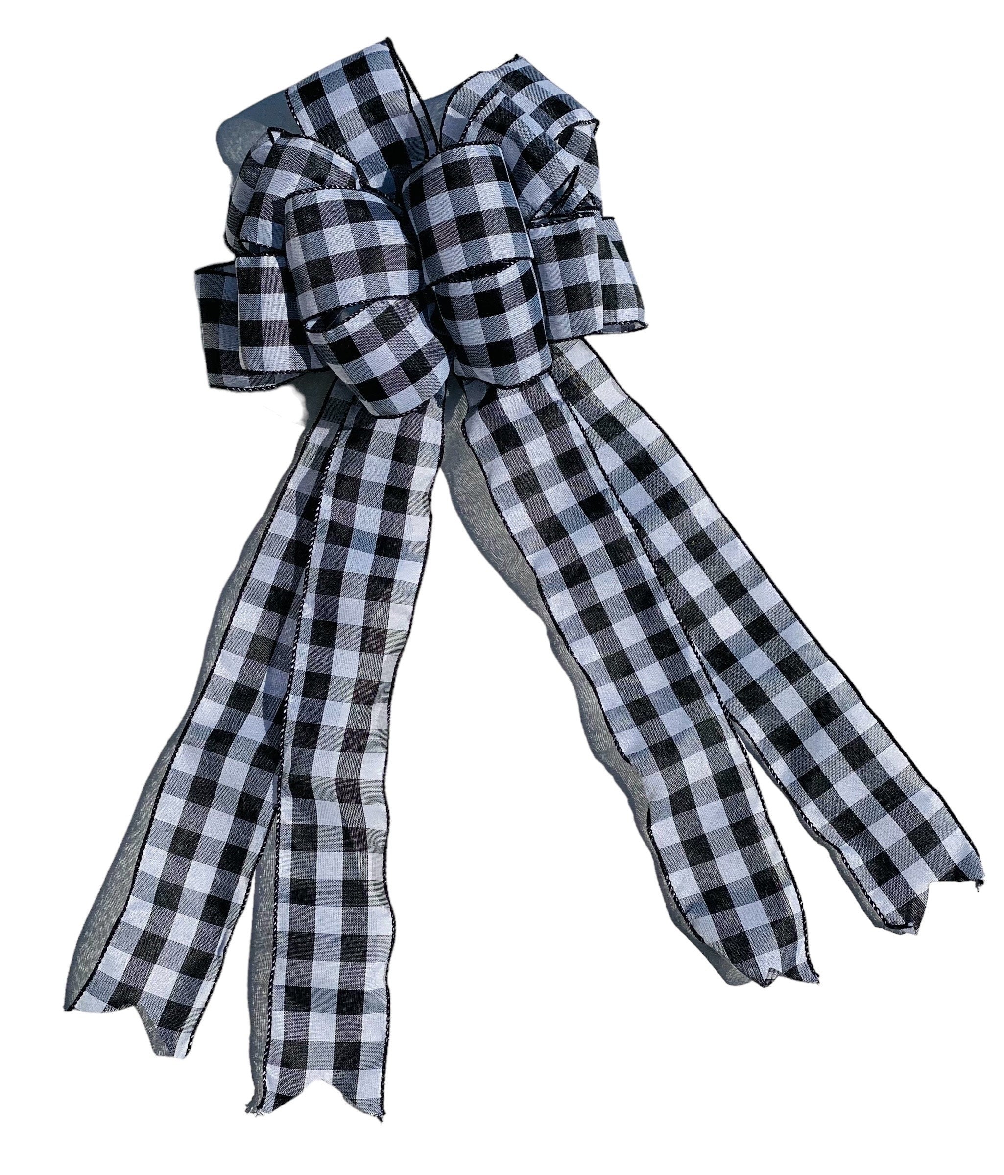 White / Black Buffalo Plaid - Add On Bow for Wreaths or Christmas Tree Topper - Puffy Fluffy Bow for Gift or Present