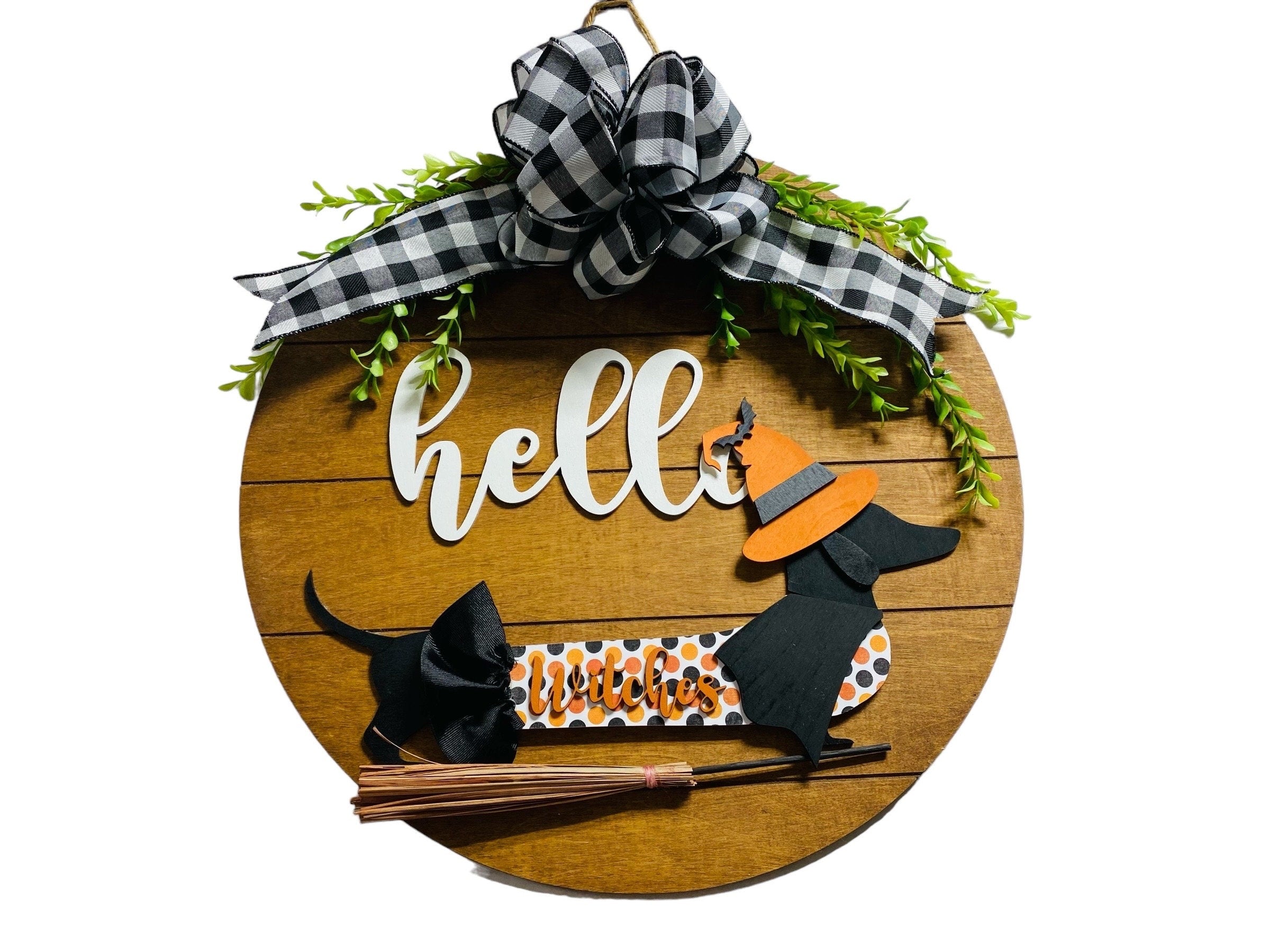 Add on Outfit for Dachshund Doxie - Corgi - Halloween- Witch - Large Round Wooden Shiplap Door Hanger / Wreath / Sign