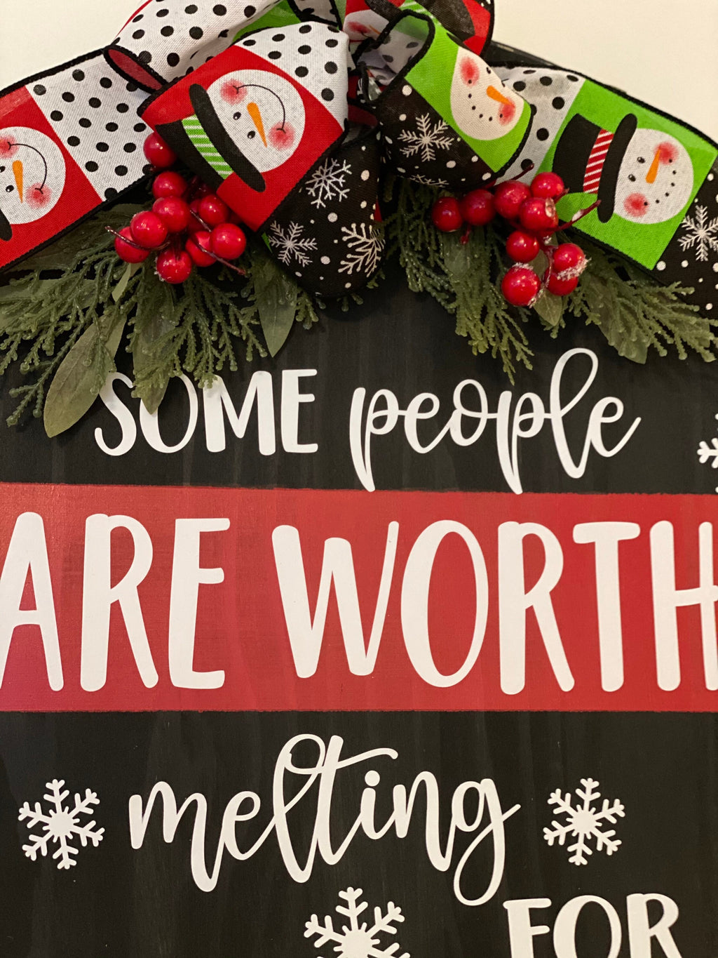 18" Round Wooden Snowman / Split Black Red / Winter Door Sign / Wreath