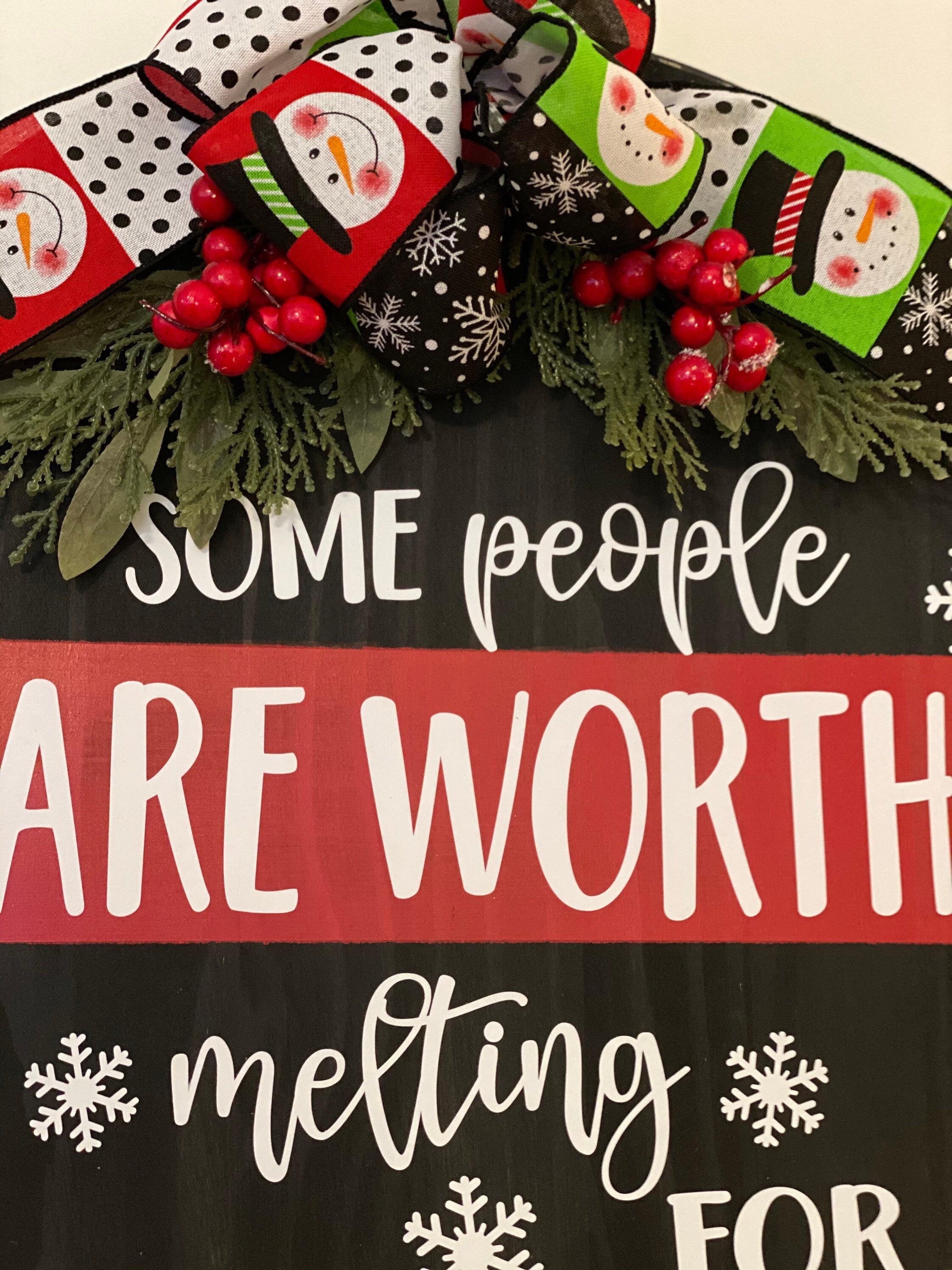 18" Round Wooden Snowman / Split Black Red / Winter Door Sign / Wreath