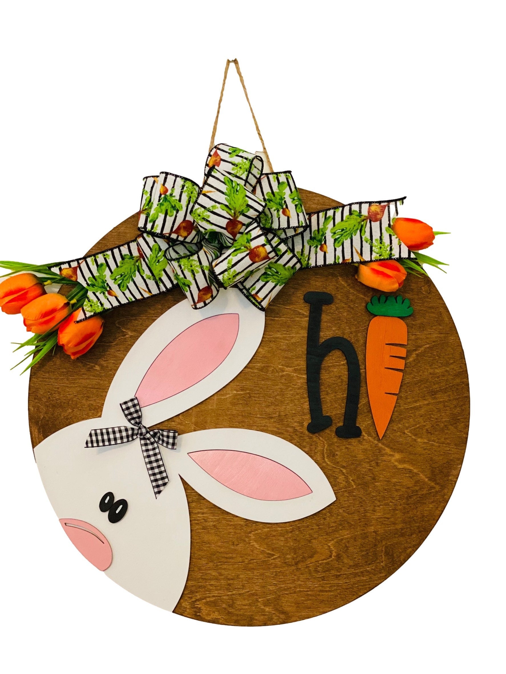 Spring - Easter Bunny Hi - Raised Lettering - Large - Wooden Door Sign / Wreath