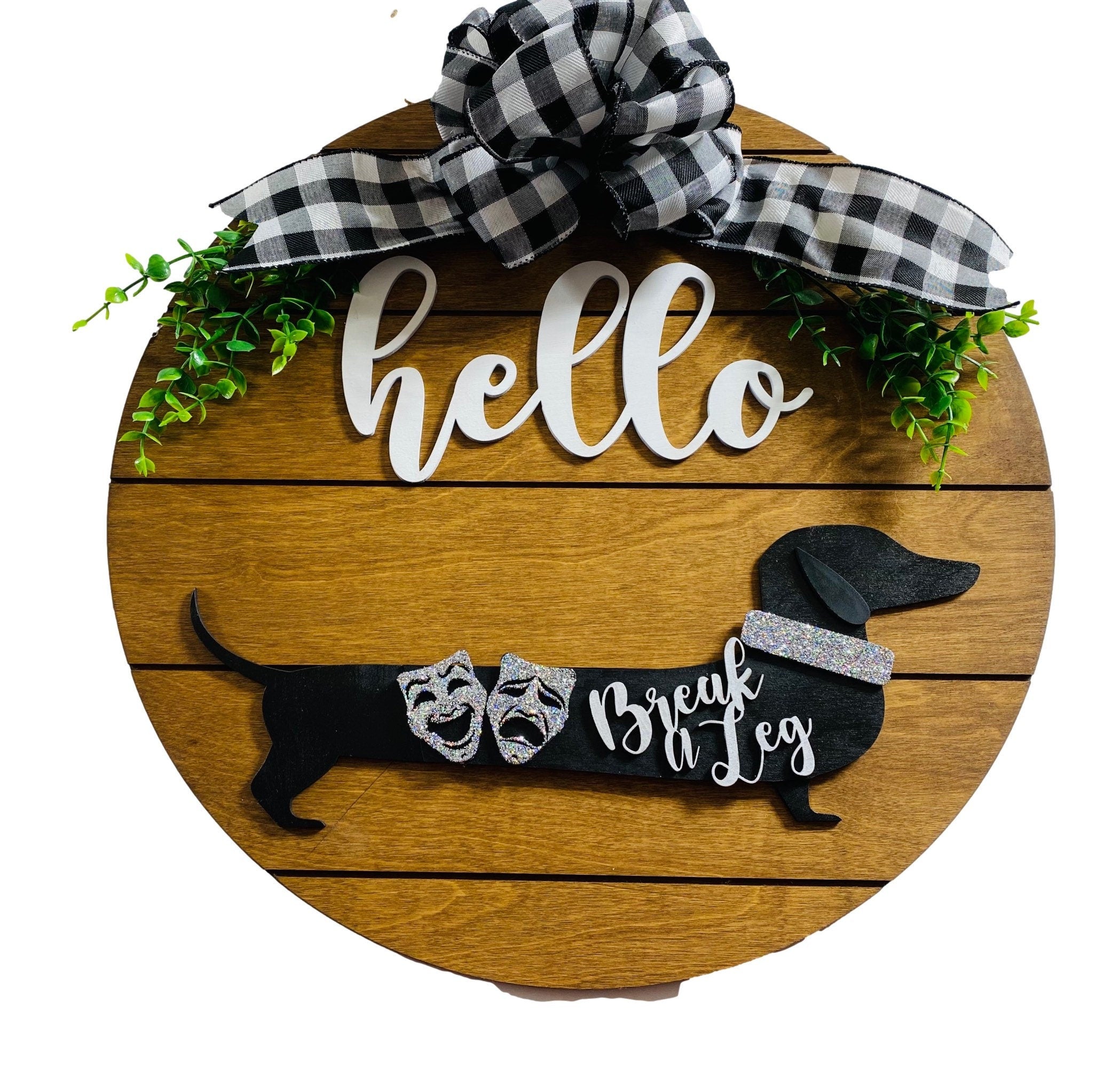 Add on Outfit for Dachshund Doxie - Break a Leg / Theater - Weiner Dog - Large Round Wooden Shiplap Door Hanger / Wreath / Sign