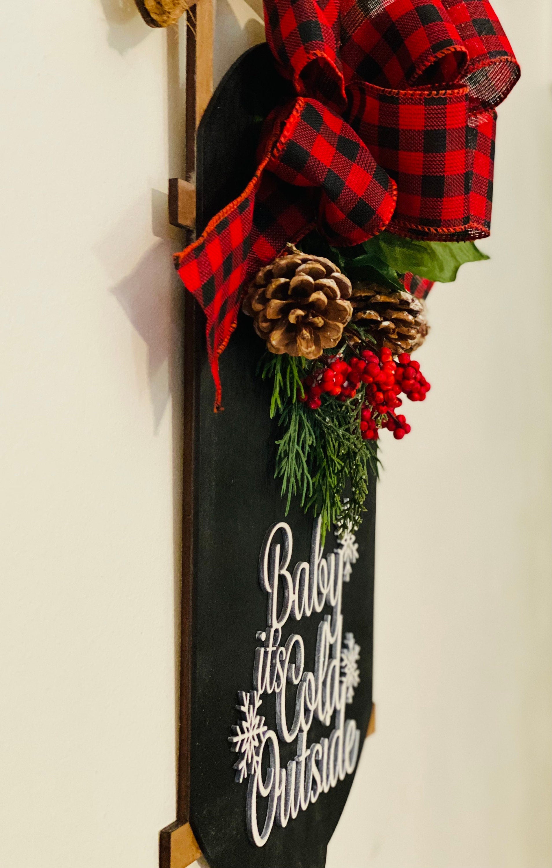 Baby It’s Cold Outside - Wooden - Brown Black - Red Black Buffalo Plaid - Sled Door Hanger - Wreath