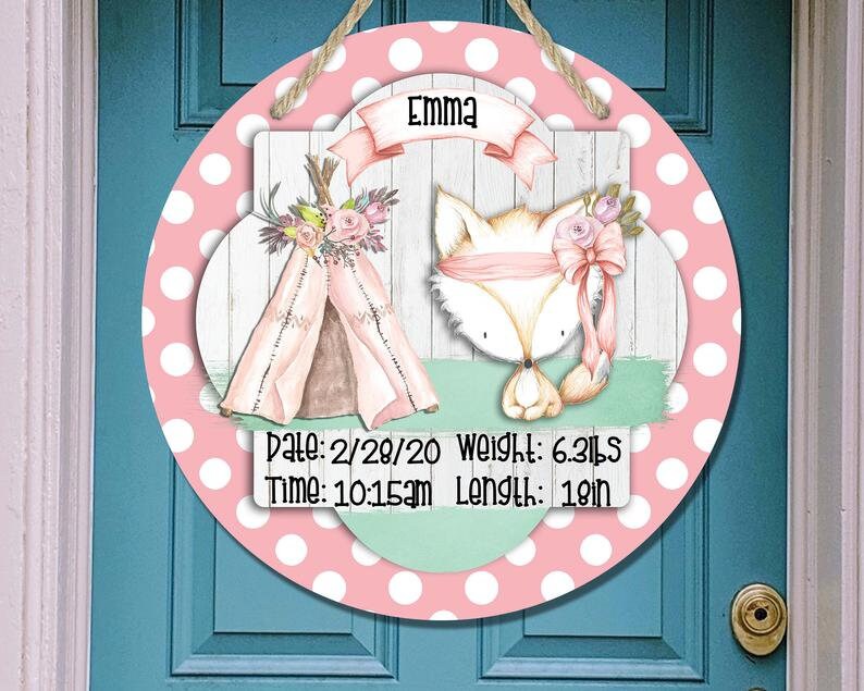 Woodsy Girl Nursery - Hospital Room - Personalized - Fox - Coral Polka Dot - Baby Shower Gift - Door Sign / Wreath