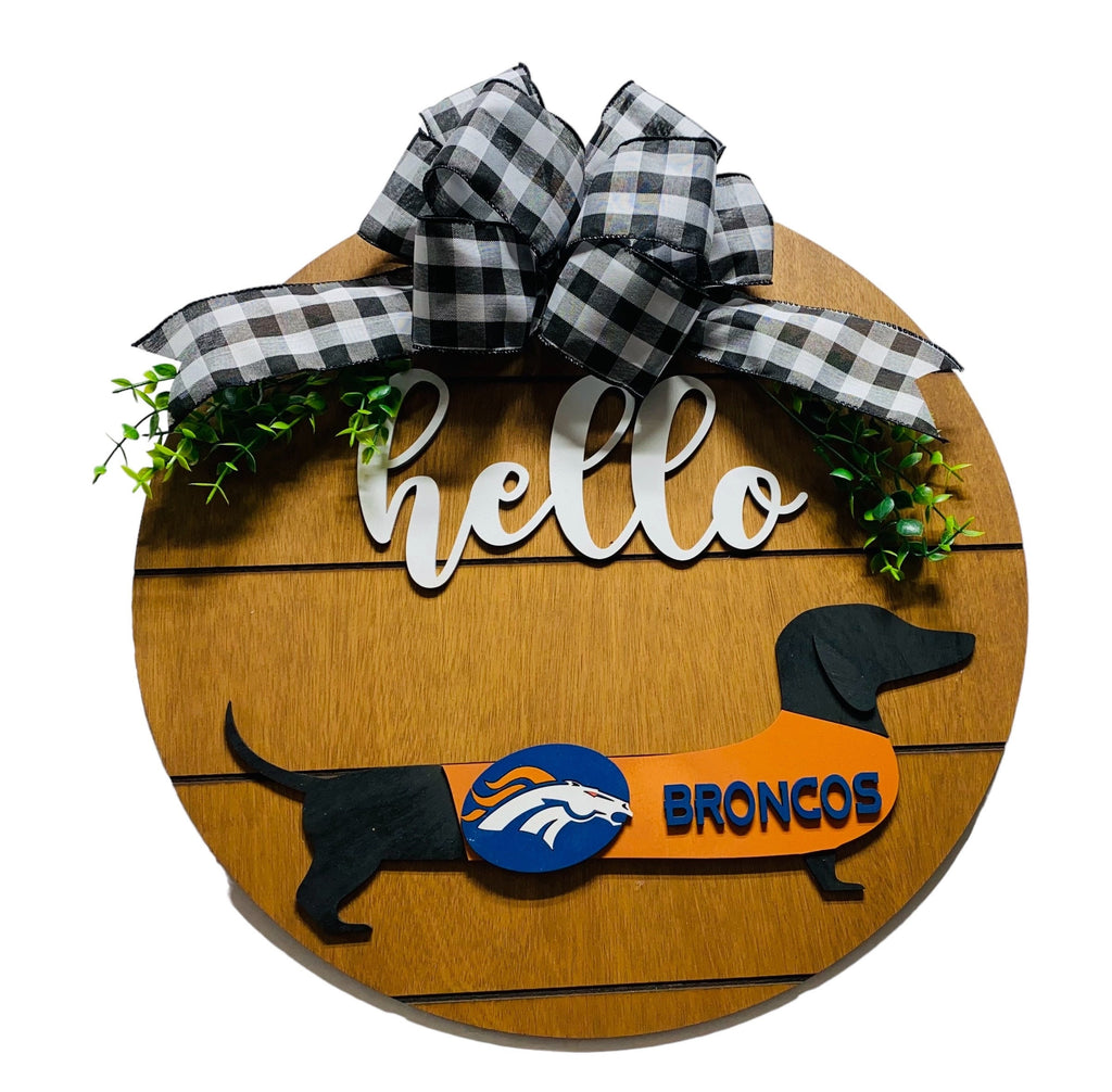 Add on Outfit for Dachshund Doxie - Denver Broncos - Football - Weiner Dog - Large Round Wooden Shiplap Door Hanger / Wreath / Sign