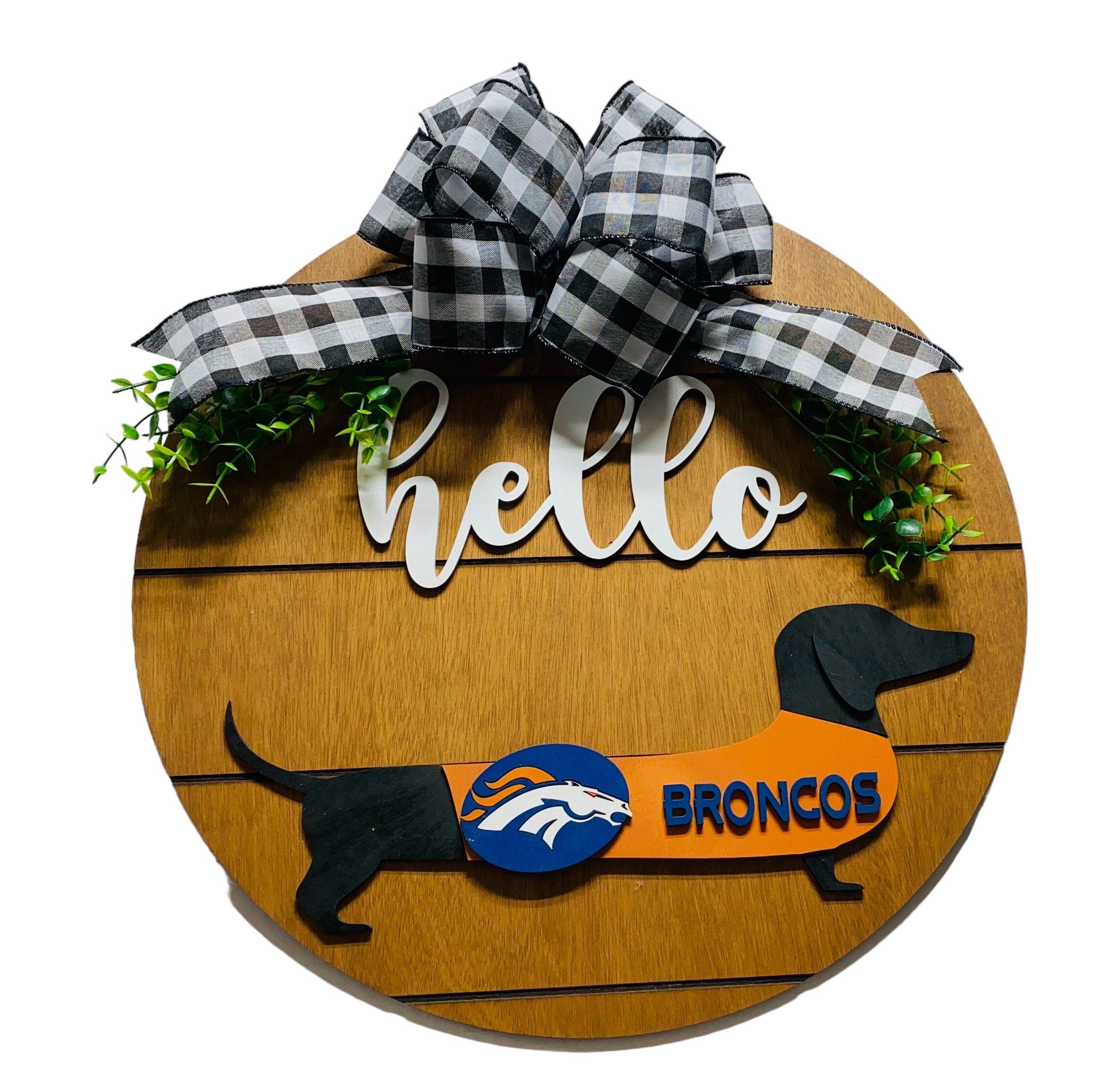 Add on Outfit for Dachshund Doxie - Denver Broncos - Football - Weiner Dog - Large Round Wooden Shiplap Door Hanger / Wreath / Sign