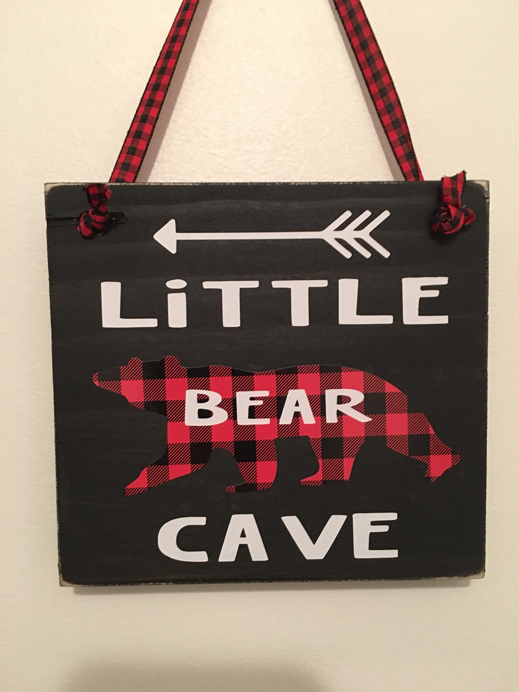 Black | Rustic | Little Bear Cave | Buffalo Plaid | Wooden | Door Sign | Door Hanger| Little Boys Room | Nursery