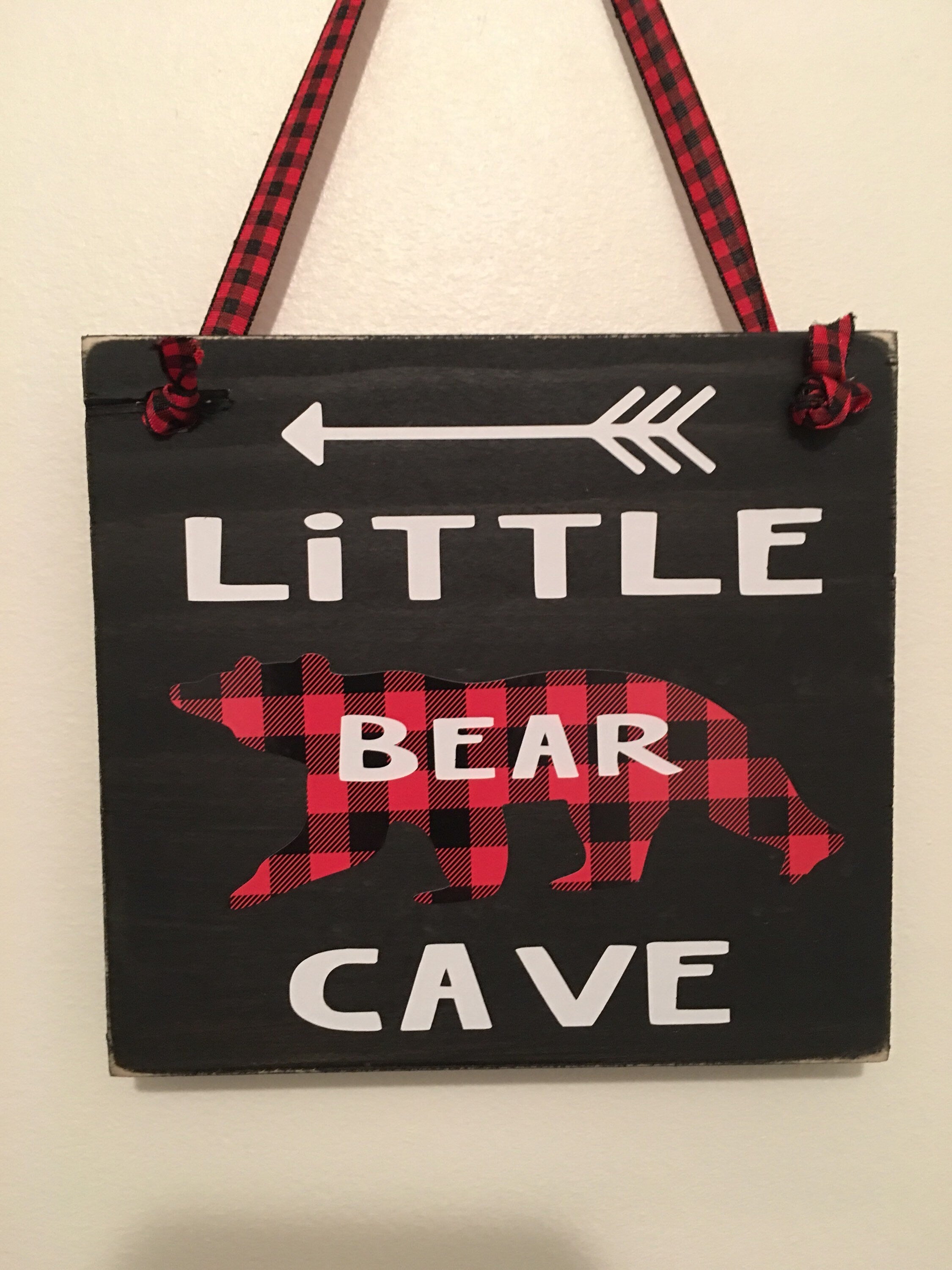 Black | Rustic | Little Bear Cave | Buffalo Plaid | Wooden | Door Sign | Door Hanger| Little Boys Room | Nursery