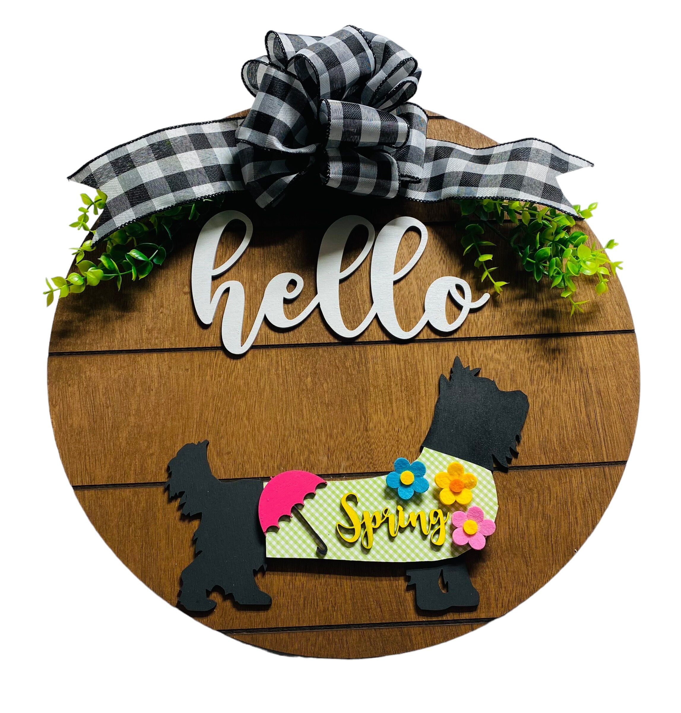 Add on Outfit for Schnauzer Boston Yorkie Frenchie Pug Pit Bull Doberman Spring - Dog - Large Round Wooden Shiplap Door Hanger - Sign