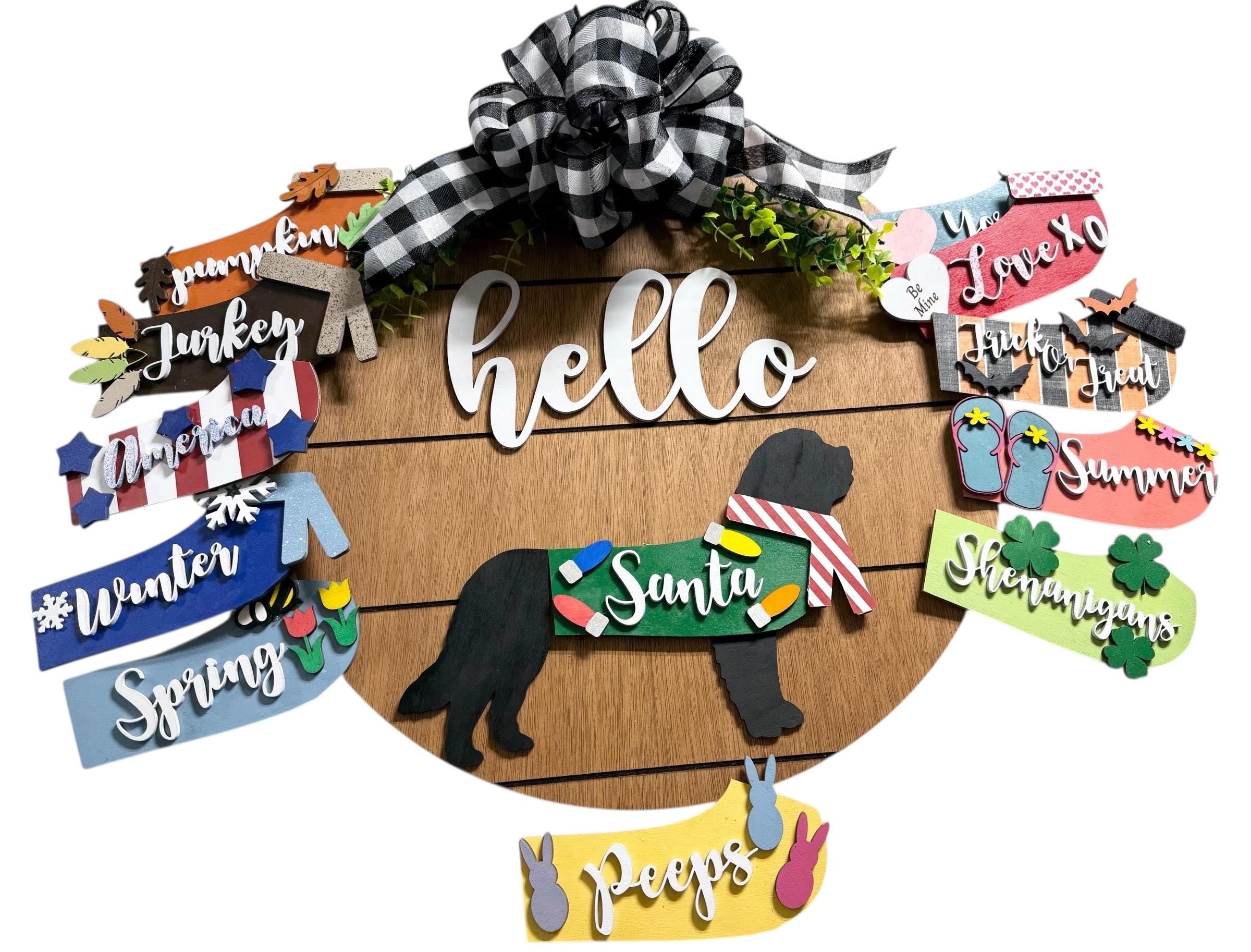 Hello St. Bernard - Interchangeable Holidays Seasons - Large Round Wooden Shiplap Door Hanger / Wreath/Sign - Gift Mom