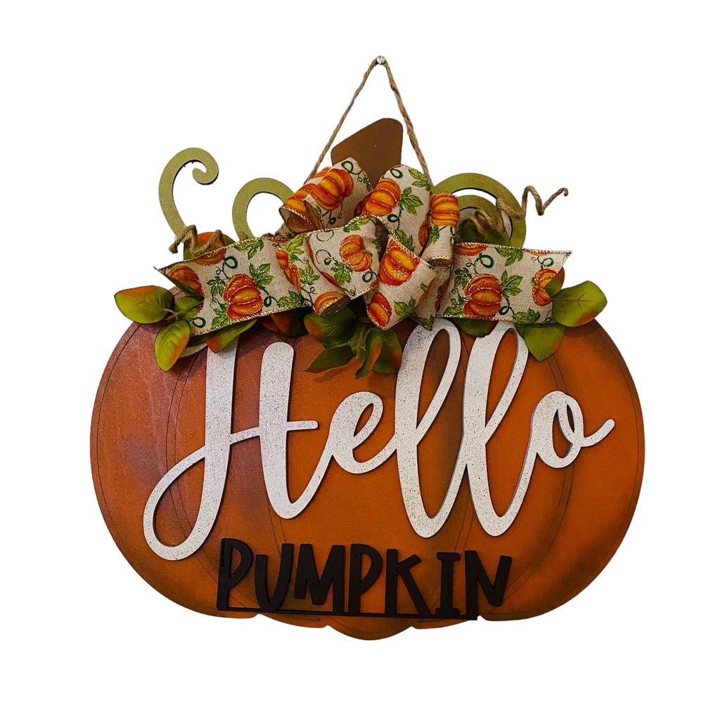 Fall  - Hello Pumpkin -  18"  Pumpkin Shaped - Wooden Autumn Door Sign / Wreath