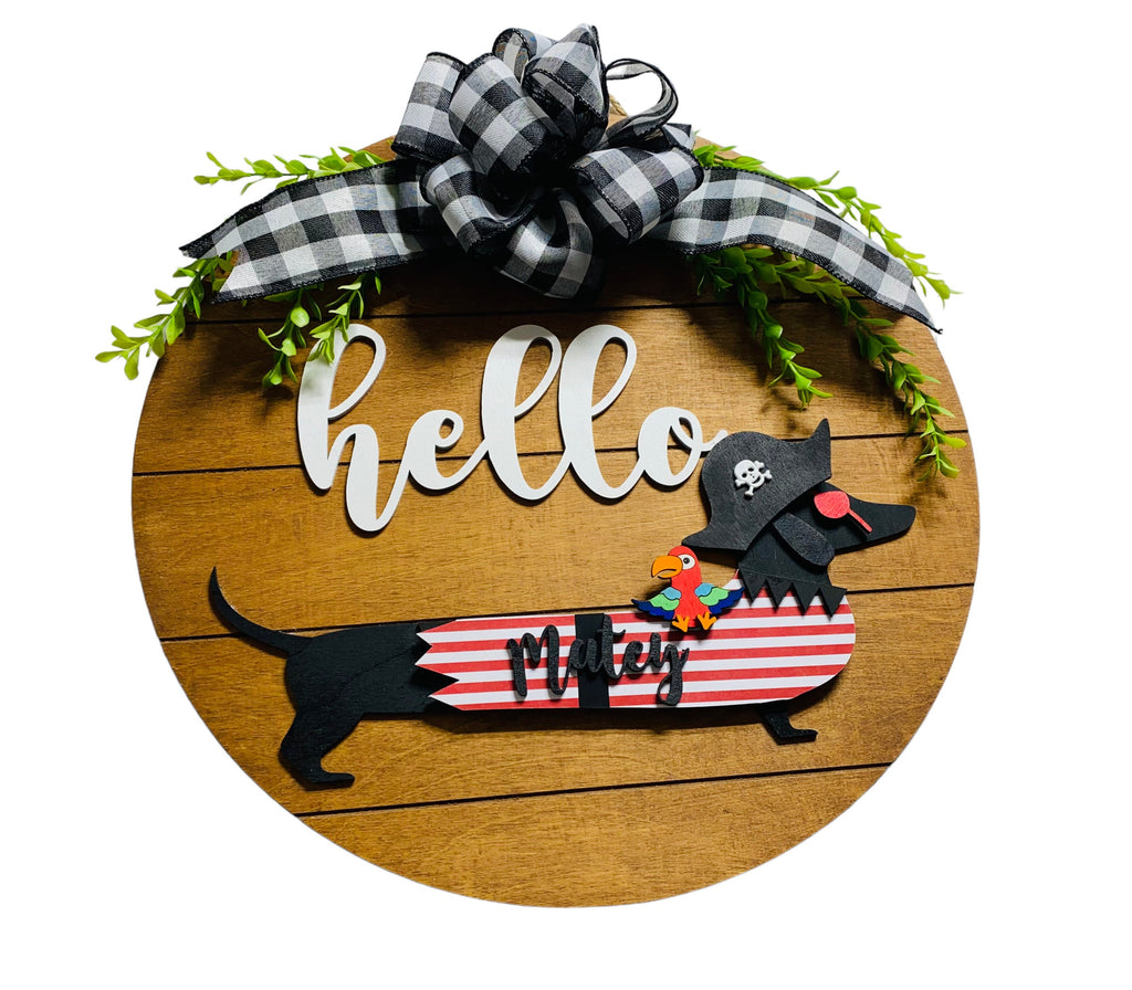 Add on Outfit for Dachshund Doxie - Pirate  - Weiner Dog - Large Round Wooden Shiplap Door Hanger / Wreath / Sign