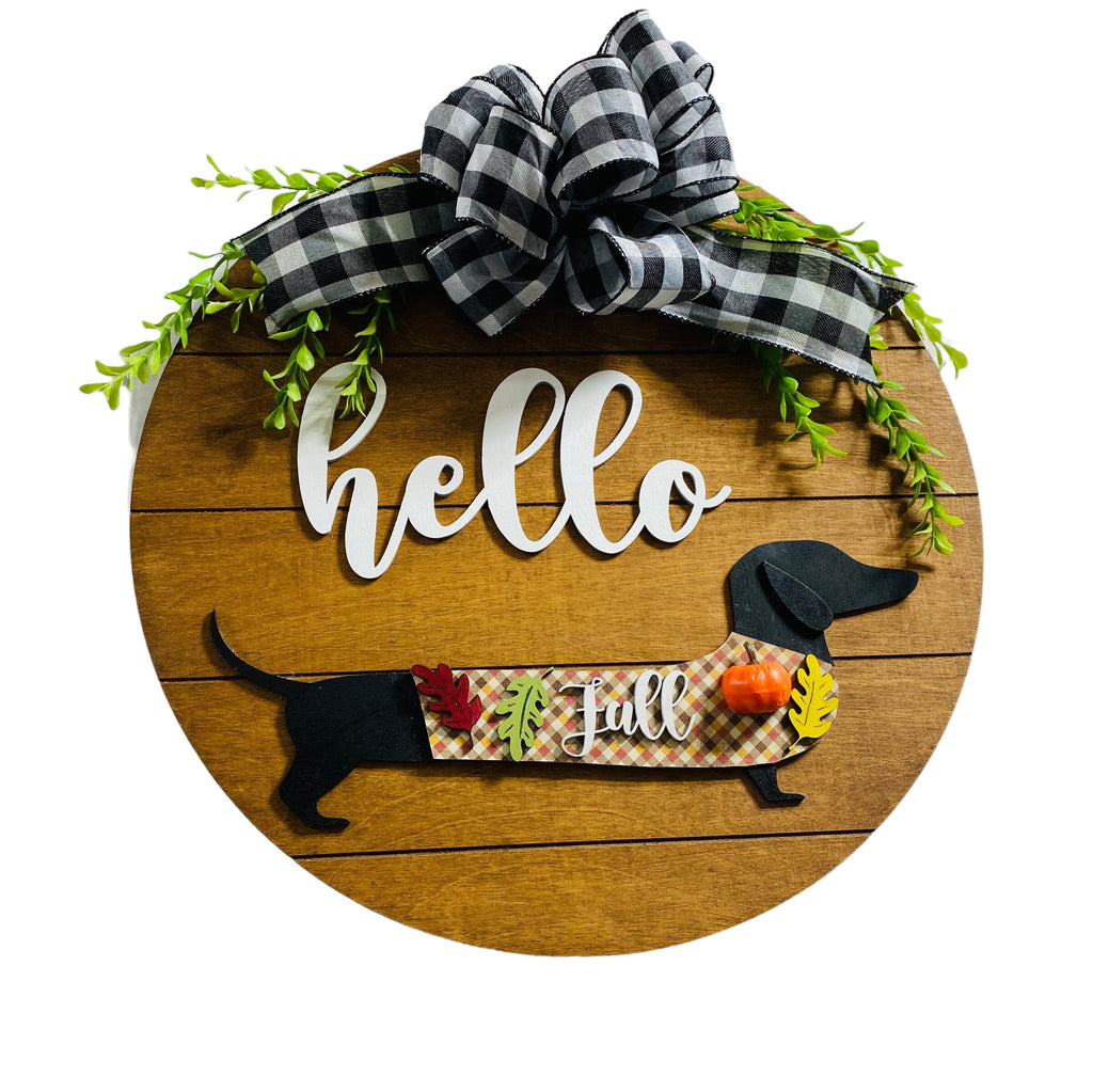 Add on Outfit for Dachshund Doxie - Fall  - Weiner Dog - Large Round Wooden Shiplap Door Hanger / Wreath / Sign