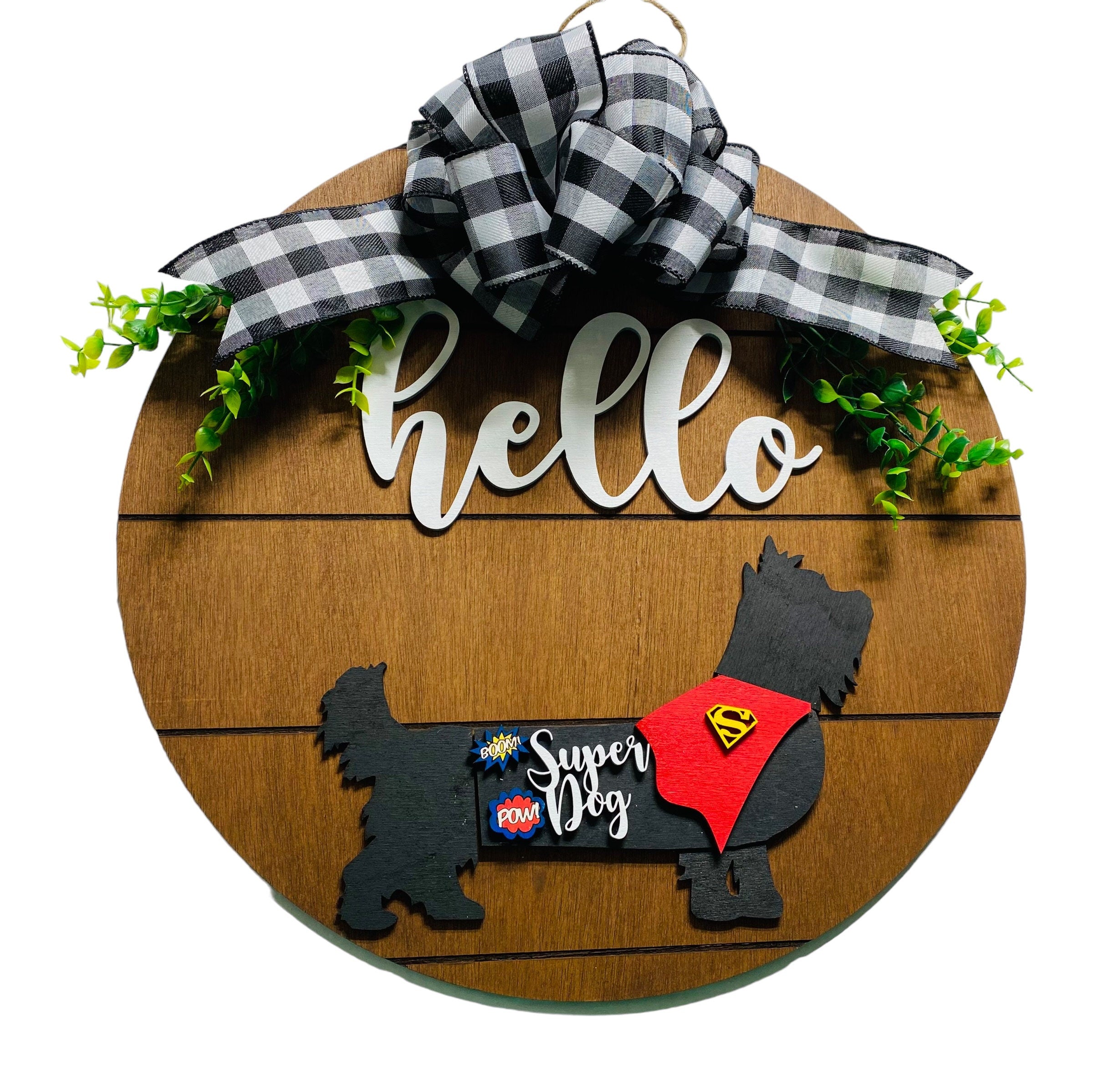 Add on Outfit for  Yorkie Frenchie Pug - Super Dog - Dog - Large Round Wooden Shiplap Door Hanger / Wreath / Sign